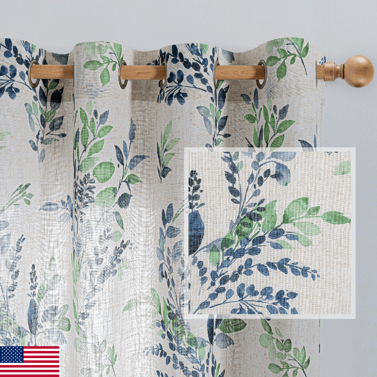 MYSKY HOME Linen Sheer Curtains Leaf Pattern Semi-Vertical Drape 52"x84" 2 Panel - Image 1