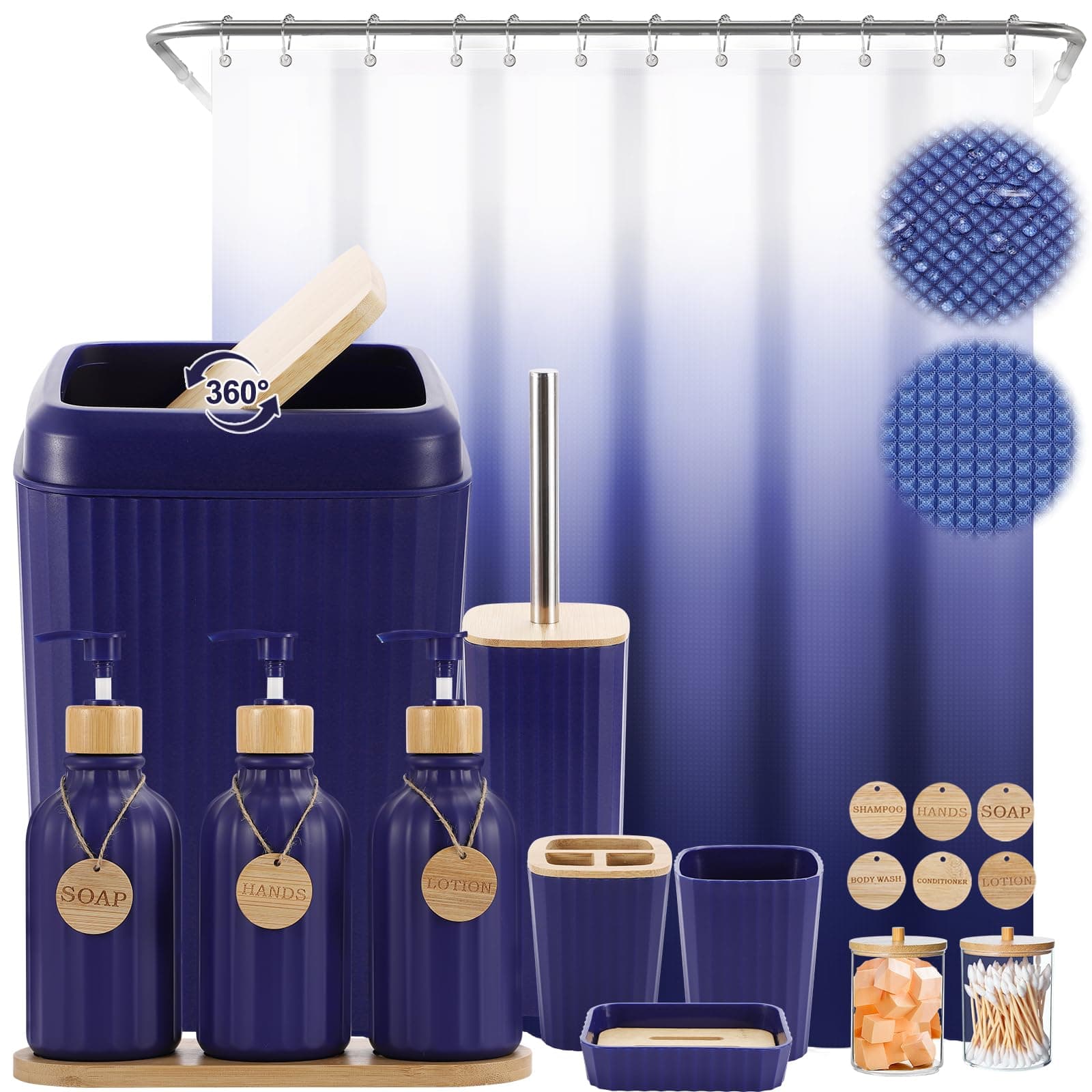 XLHOMO 30pc Navy Blue Waffle Shower Curtain Bathroom Accessories Set & Trash Can - Image 1
