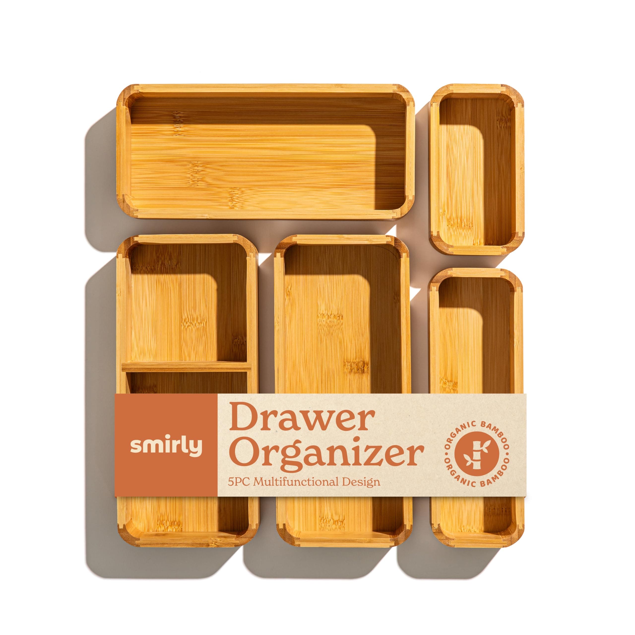 SMIRLY 5-Pc Bamboo Kitchen Drawer Organizer Set for Utensils & More - Image 1