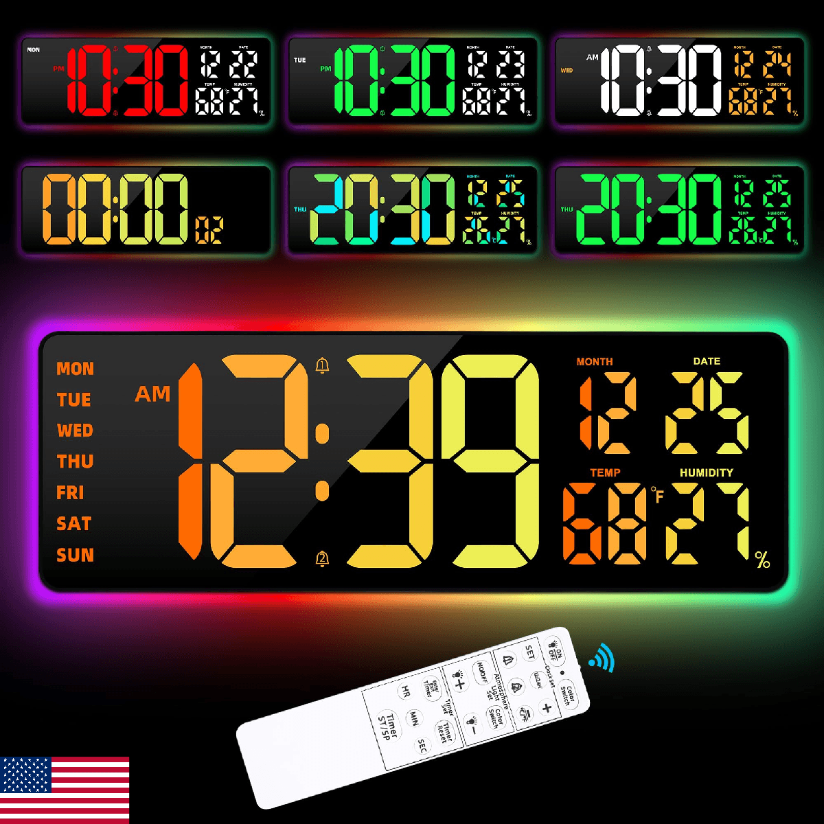 Large Digital Wall Mount Clock 17.3", 15 Color Modes Jumbo Numbers, 8 Color Mode - Image 1