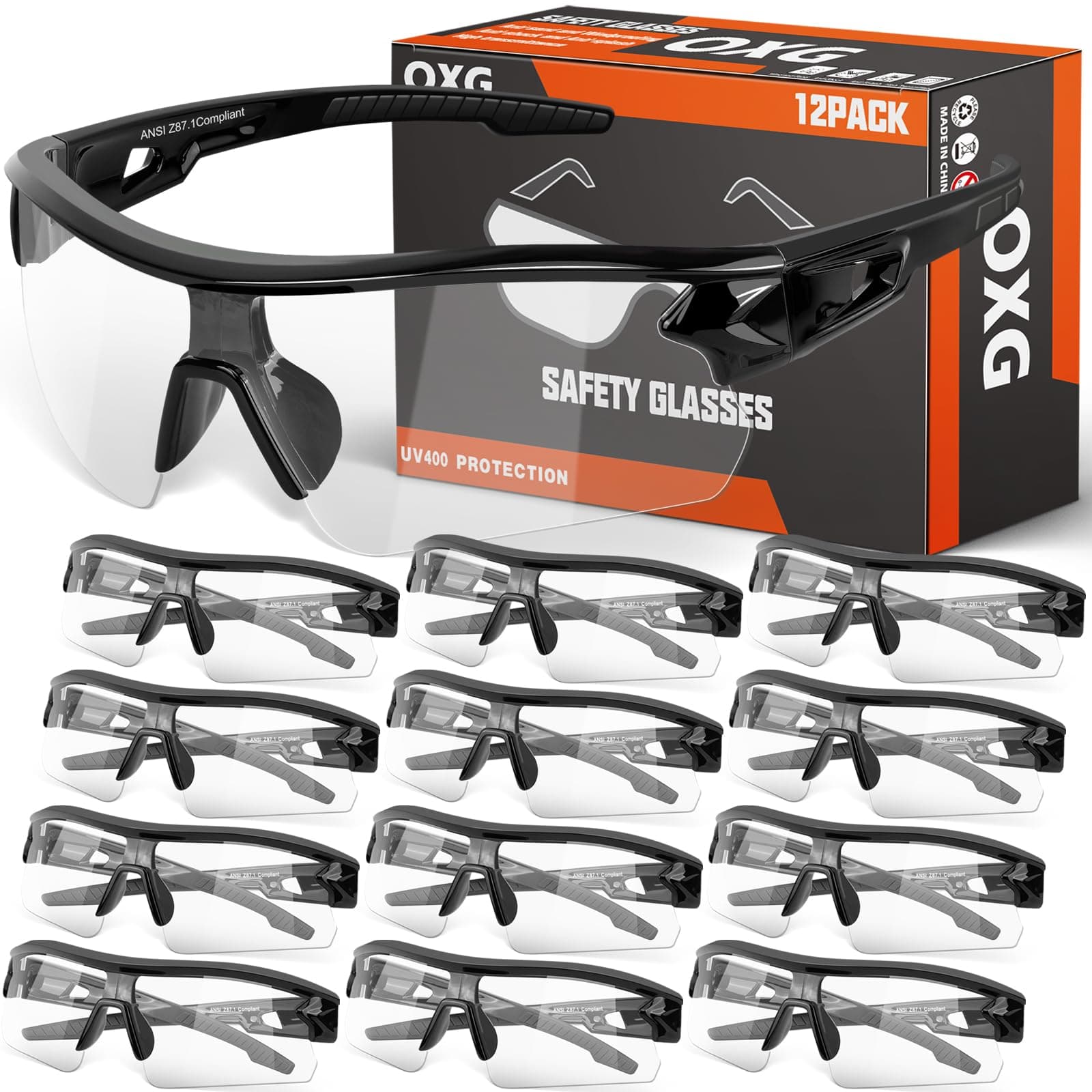 OXG 12 Pack Clear Safety Glasses for Men and Women, ANSI Z87.1 Work Glasses Scra - Image 1