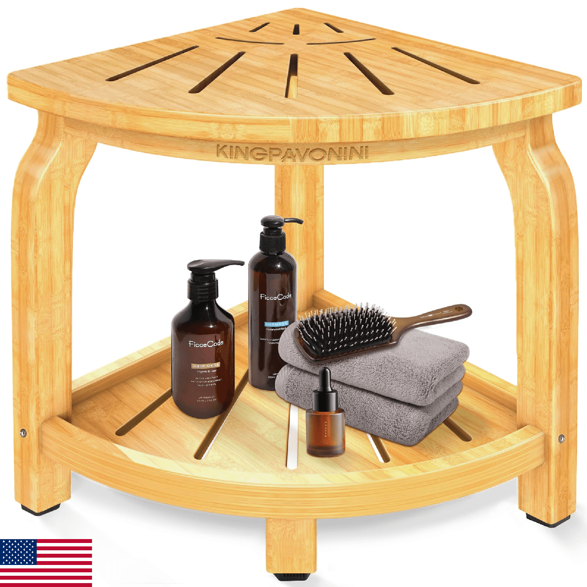 KingPavonini Bamboo Corner Shower Stool Bench for Shaving Legs Foot Rest Bathroo - Image 1