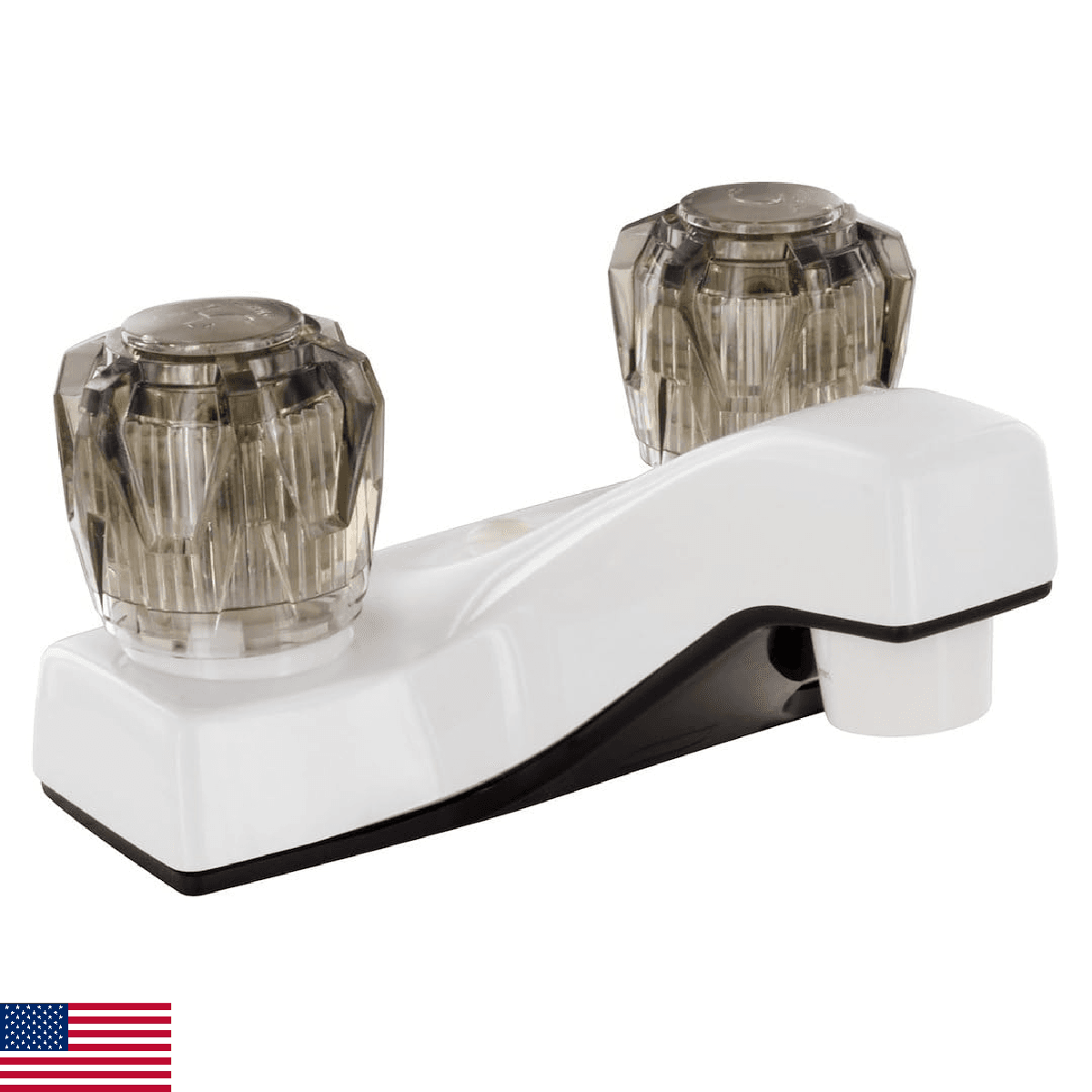 Valterra Lavatory Faucet, 4IN, 2 Smoke KNOBS, Plastic, White - Image 1