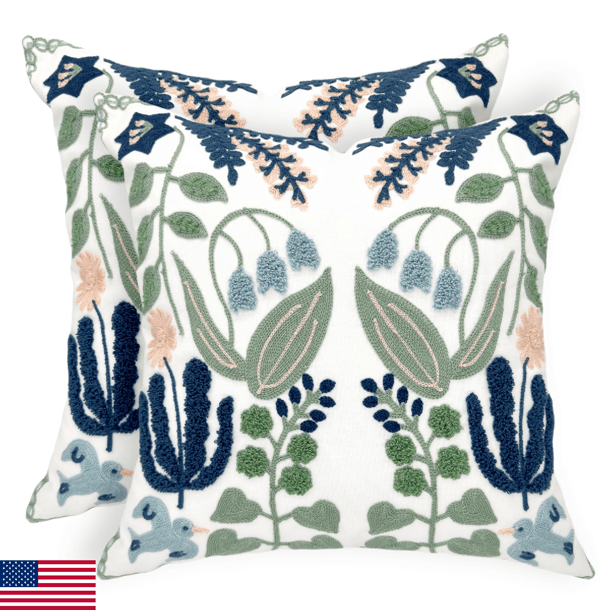 Alysheer Floral Embroidered Throw Pillow Covers 18"x18" Set of 2 Cotton - Image 1