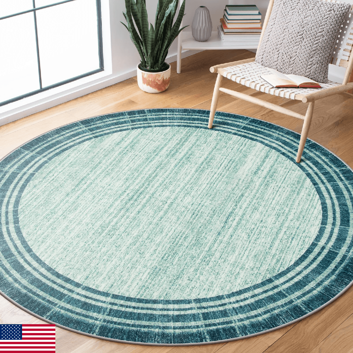 Lahome Abstract Round 4ft Entryway Rug Washable Teal Entry Rugs Non Slip Circle - Image 1
