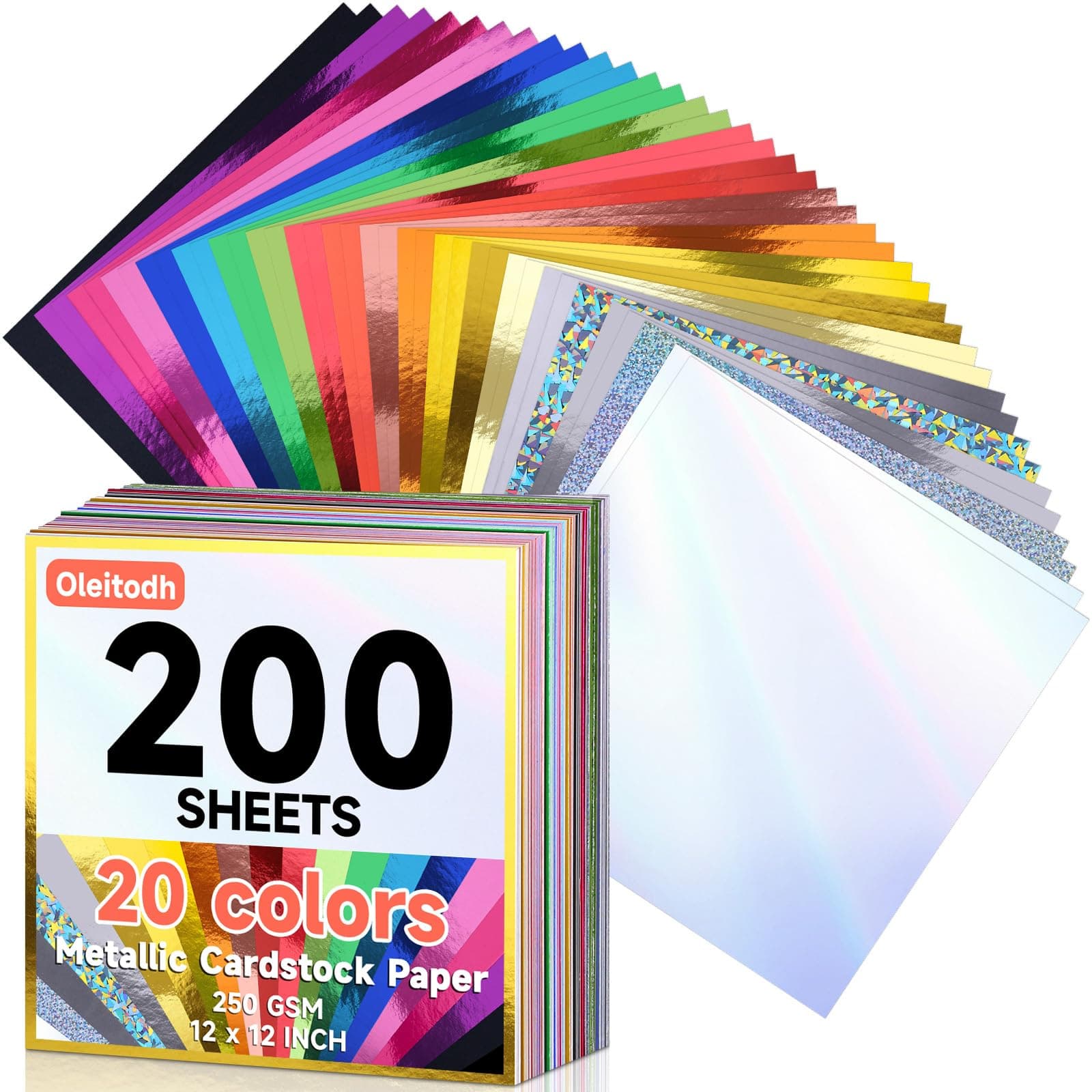 200 Sheets Metallic Mixed Cardstock Paper Bulk, 20 Colors 12" x 12" Foil Board - Image 1