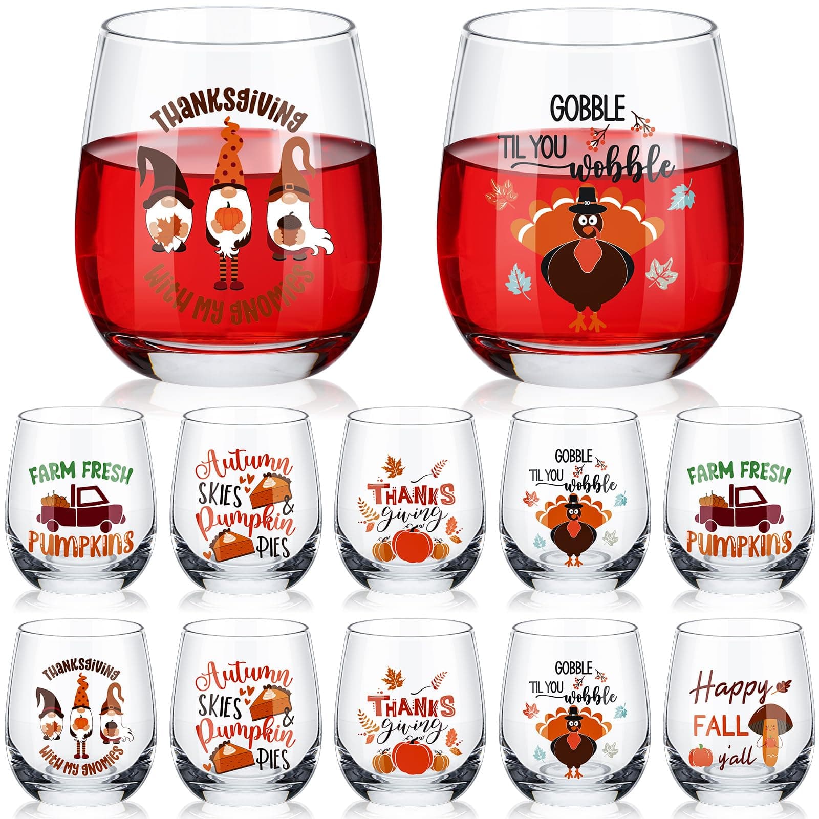 Zhehao 12 Thanksgiving Stemless Wine Glasses 12 oz Pumpkin Turkey Drinking - Image 1