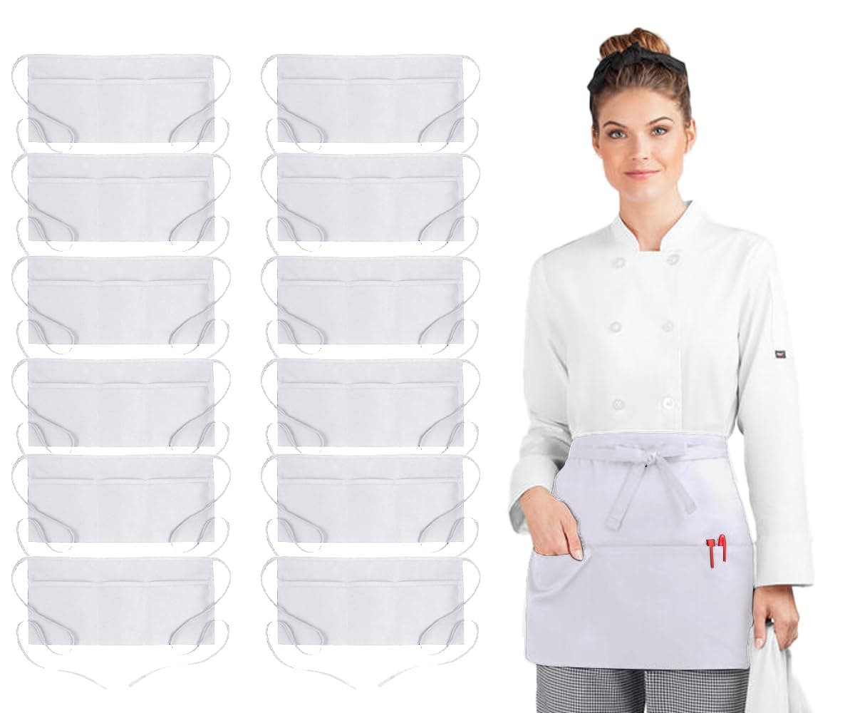 Avalon White Server Waitress Aprons with Pockets - 3-Pocket Half Apron 24x12" - Image 1