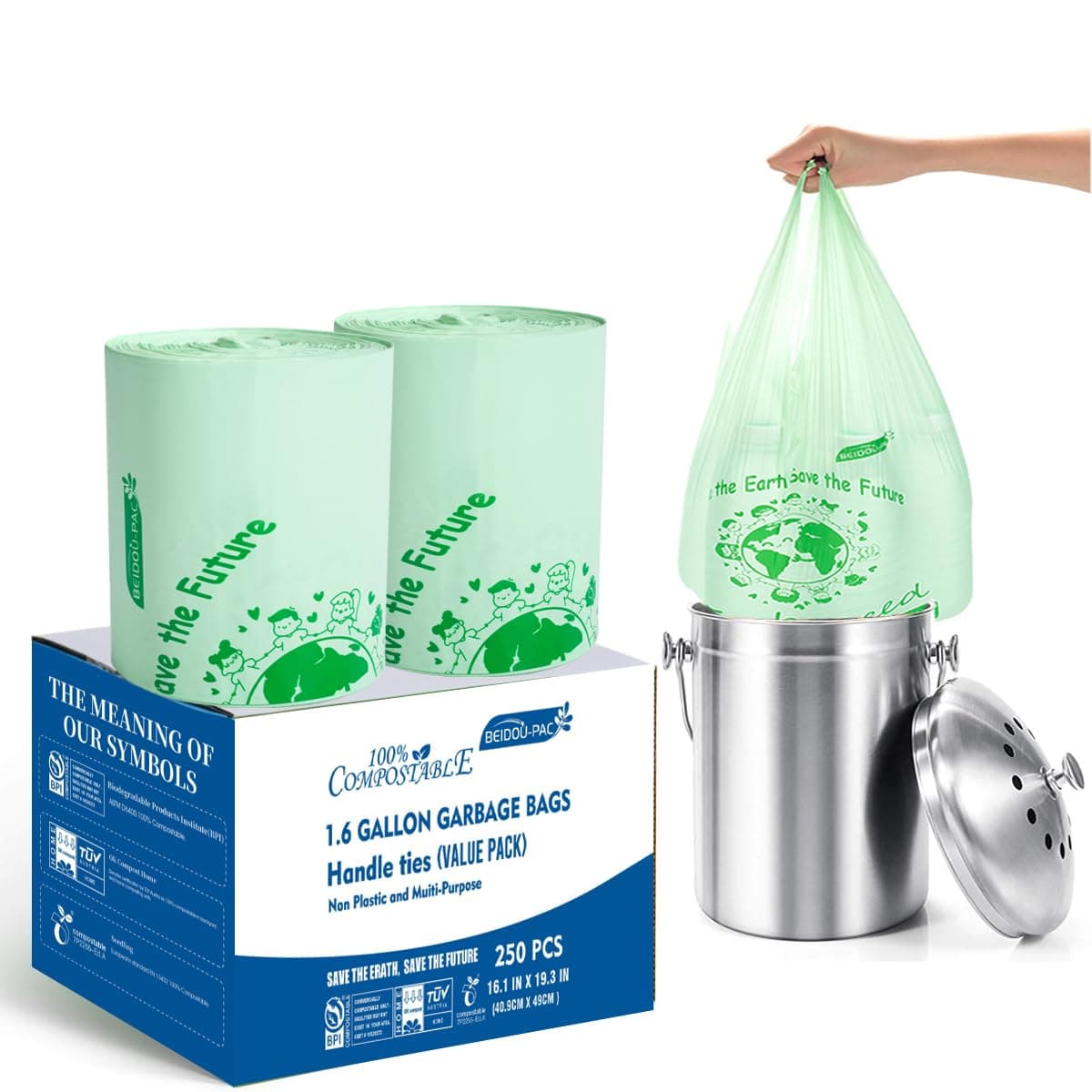 BEIDOU-PAC 1.6 Gallon Compostable Trash Bags with Handle, 250 Count Small Compos - Image 1