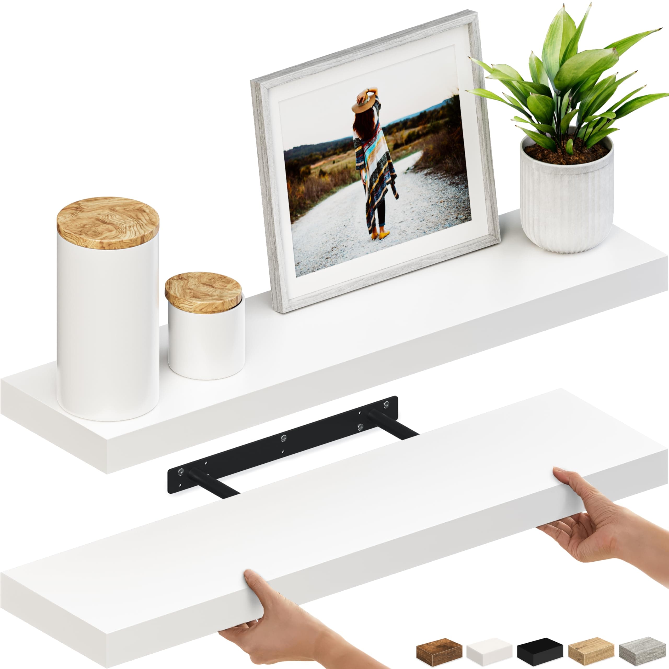 Ballucci 36" White Wood Floating Wall Shelf Set of 2, Invisible Brackets - Image 1