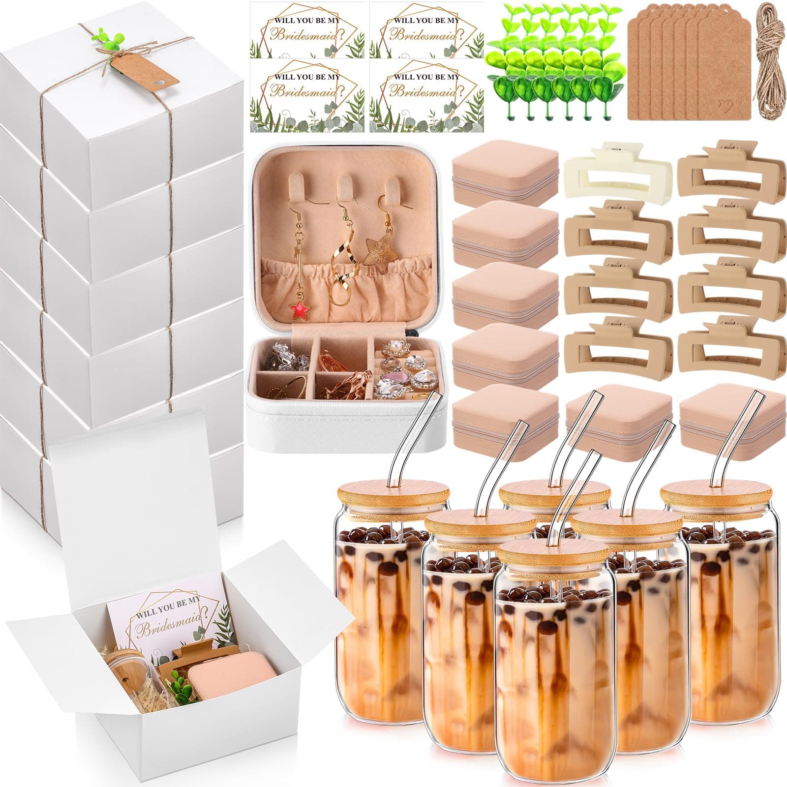 Quelay 56 Pcs 8 Set Bridesmaid Proposal Gift Set, 15 oz Glass Cup, Box, Square C - Image 1