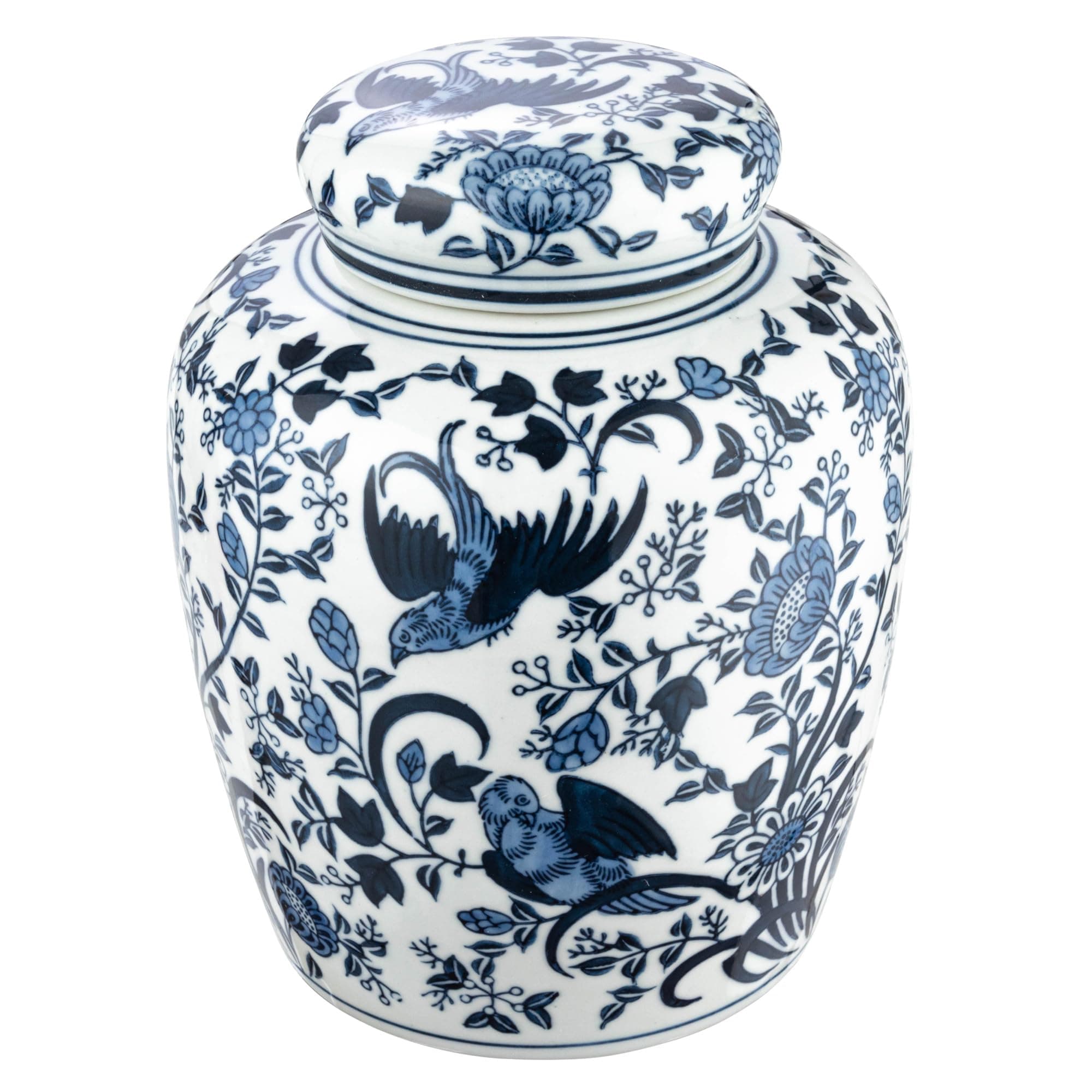 Creative Co-Op Blue White Ceramic Bird Ginger Jar with Lid - 8.25" H - Image 1