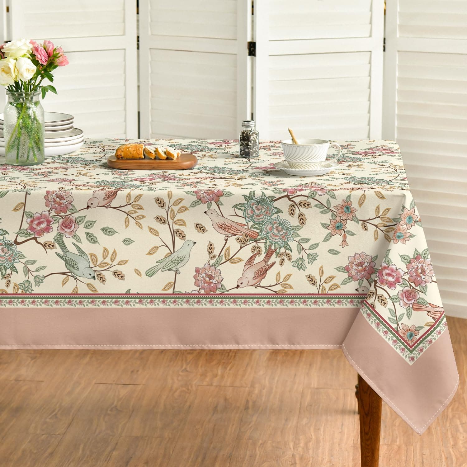 Horaldaily Floral Rectangular Tablecloth 60x140 Inch, Pink Birds Elegant Vintage - Image 1