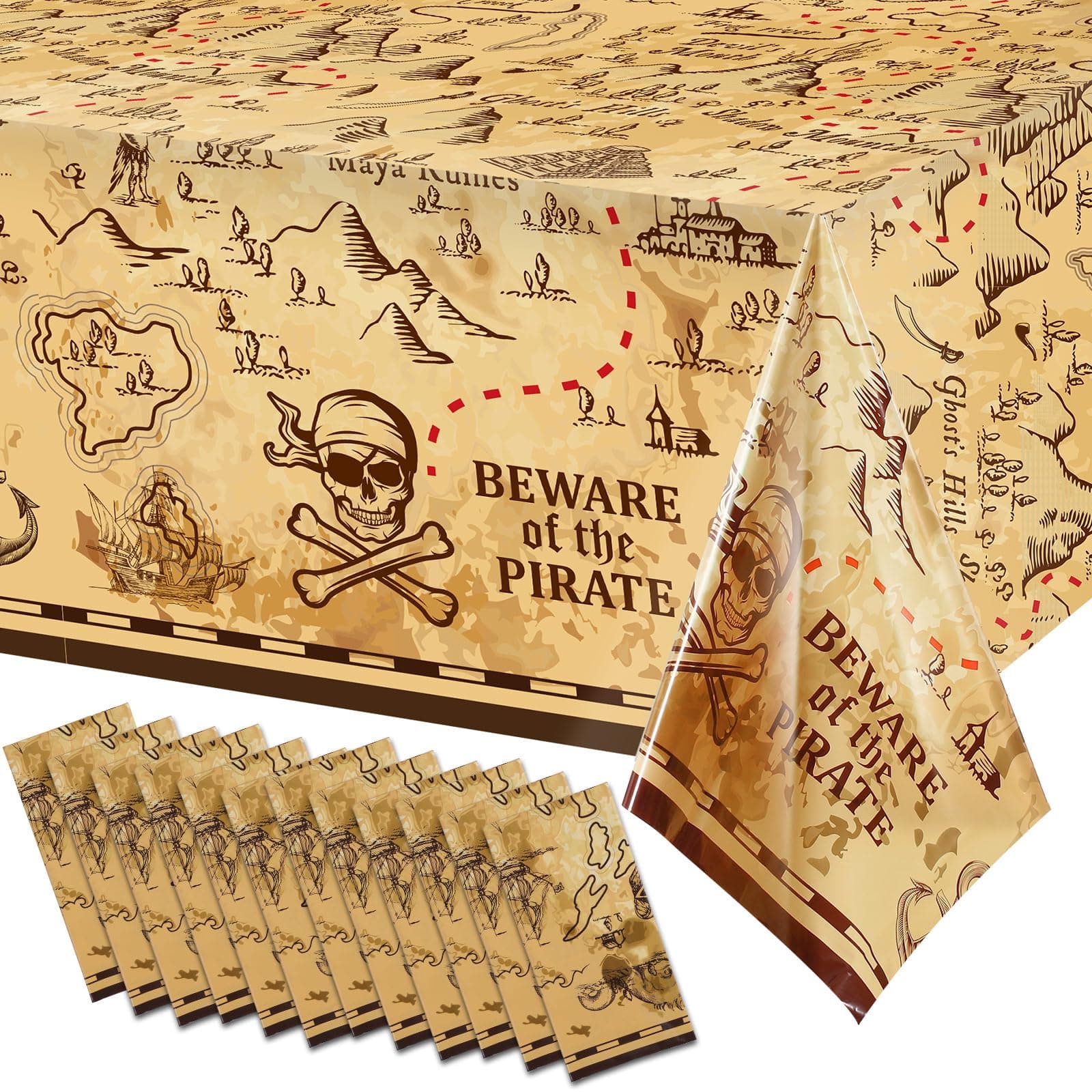 12 Pcs Pirate Treasure Map Tablecloths - 54"x108" Plastic Party Decor - Image 1