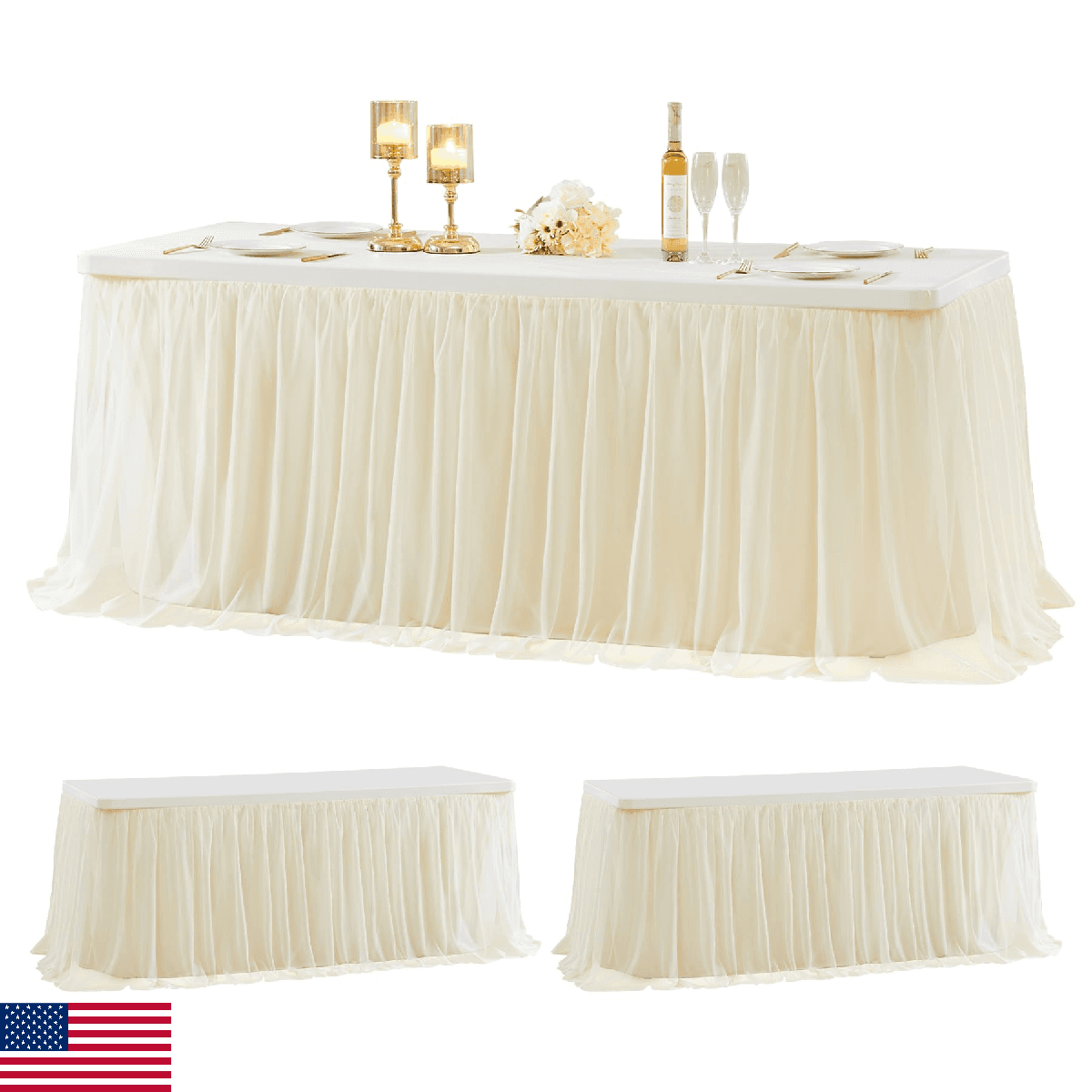 2 Pack Light Champagne Tulle Table Skirt for 6ft Rectangle Table Party Decor - Image 1