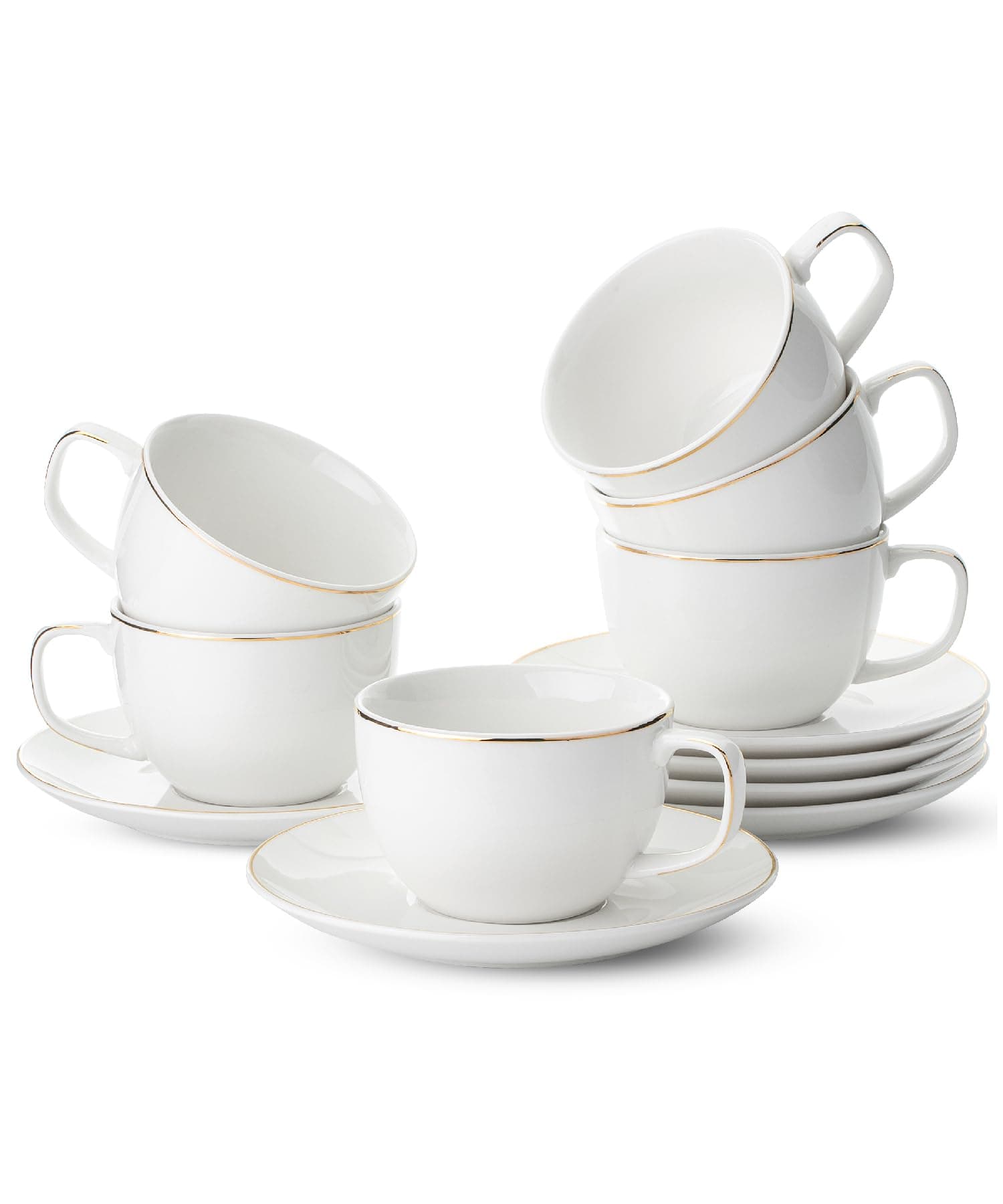 BTaT 6oz White Porcelain Tea Cups & Saucers Set of 6 Gold Trim - Image 1