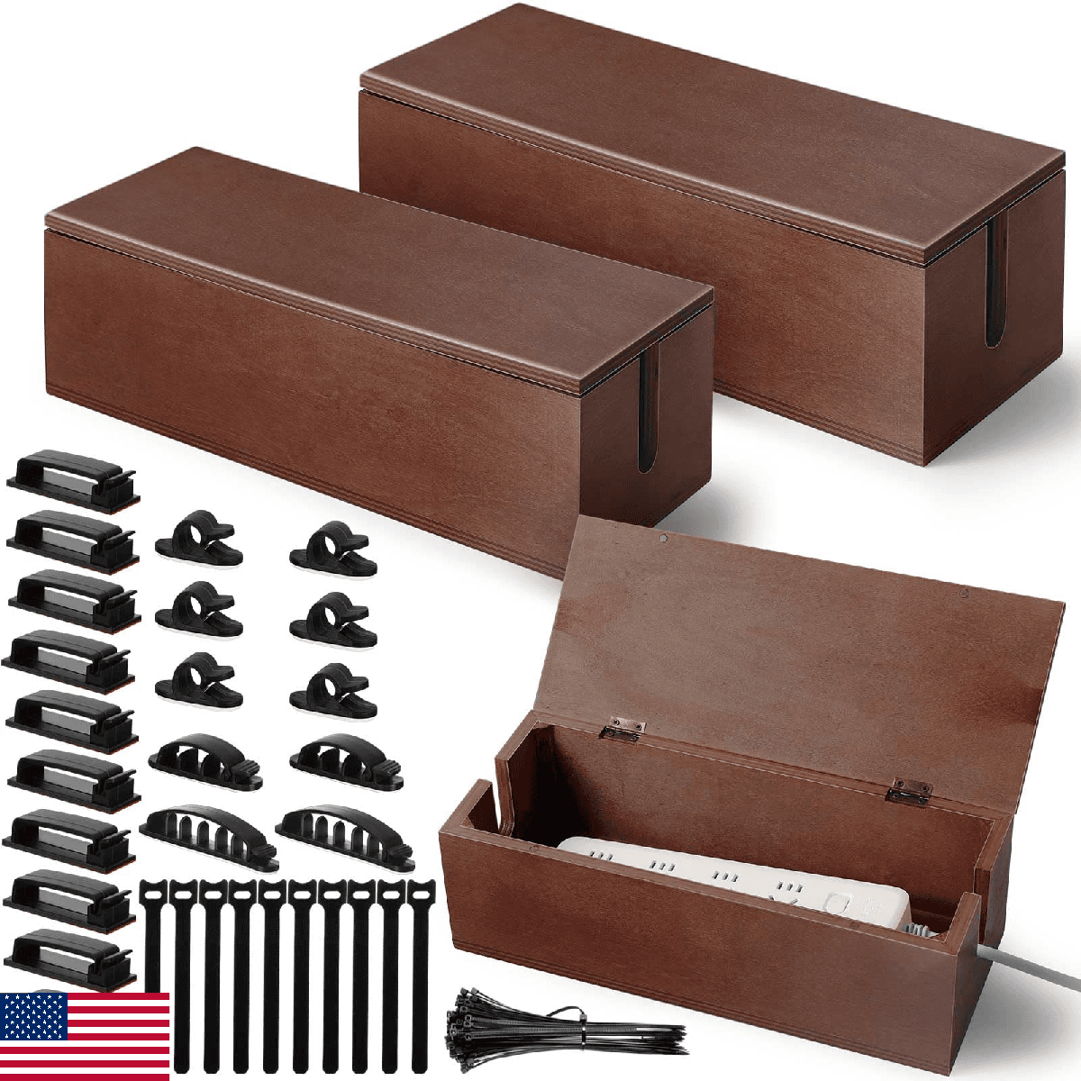 Wesnoy 3Pc Wood Cable Box Organizer Set w/ 130Pc Cable Management - 3 Sizes - Image 1