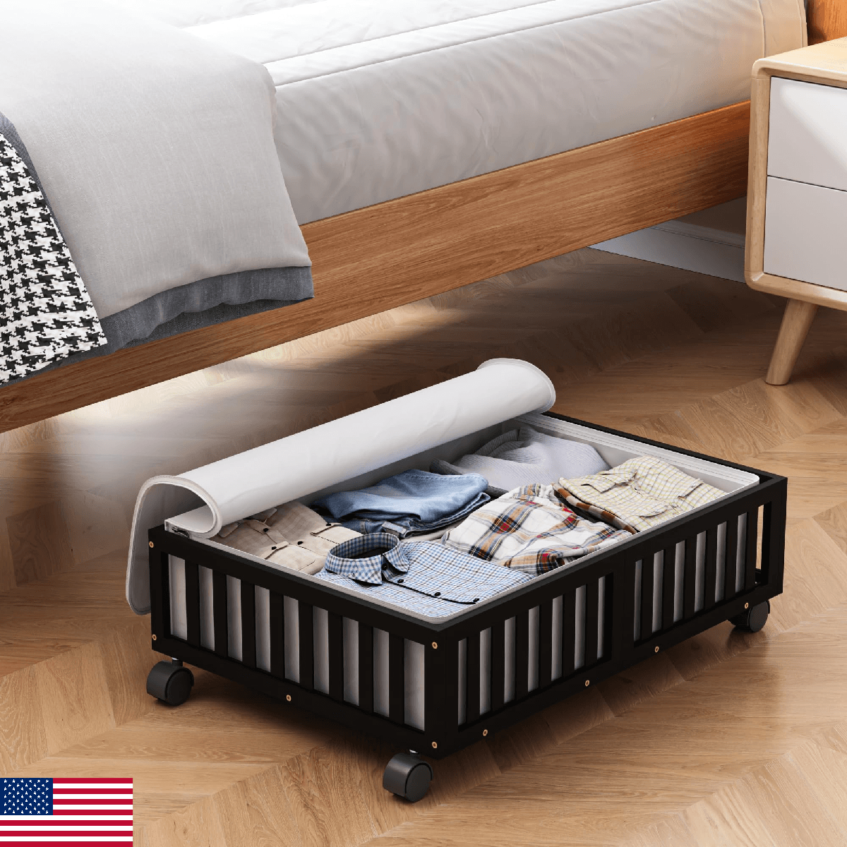 Bamboo Under Bed Storage Containers w/ Wheels - Rolling Shoe Storage Organizer B - Image 1