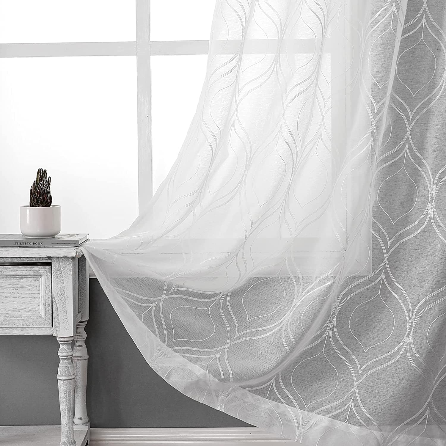 VISIONTEX White Sheer Curtains 108" L, 2 Panels Moroccan Embroidered - Image 1