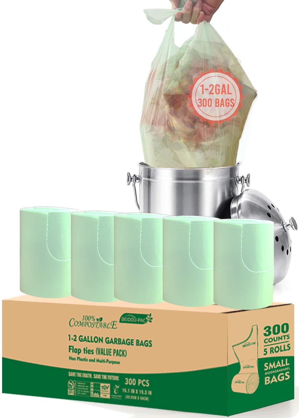 BEIDOU-PAC 1-2 Gallon Flap Tie Compostable Trash Bags, 300 Count Small Compost B - Image 1