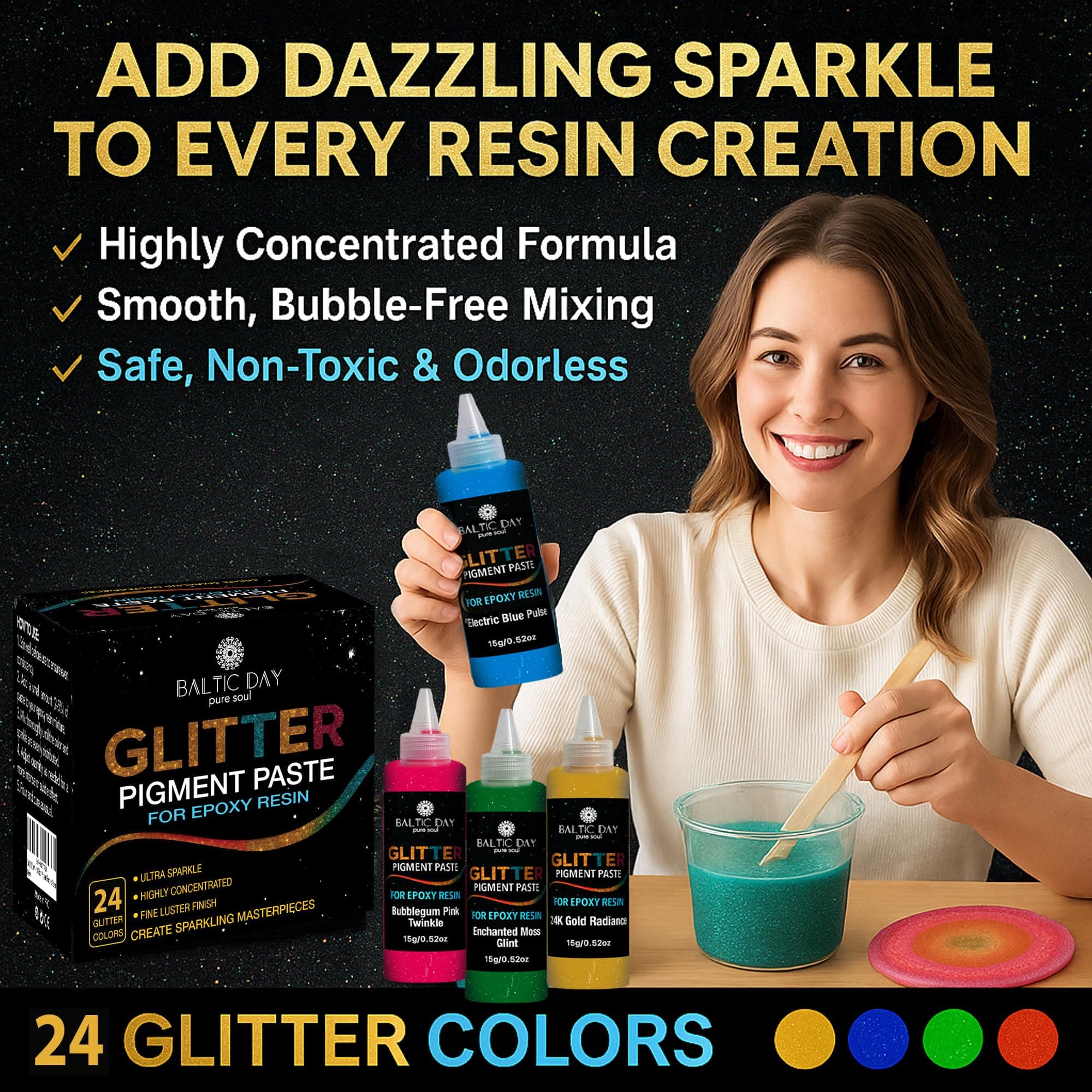 BALTIC DAY 24 Color Pigment Paste for Epoxy Resin Set [ Glitter Series ] – Opaqu - Thumbnail 3