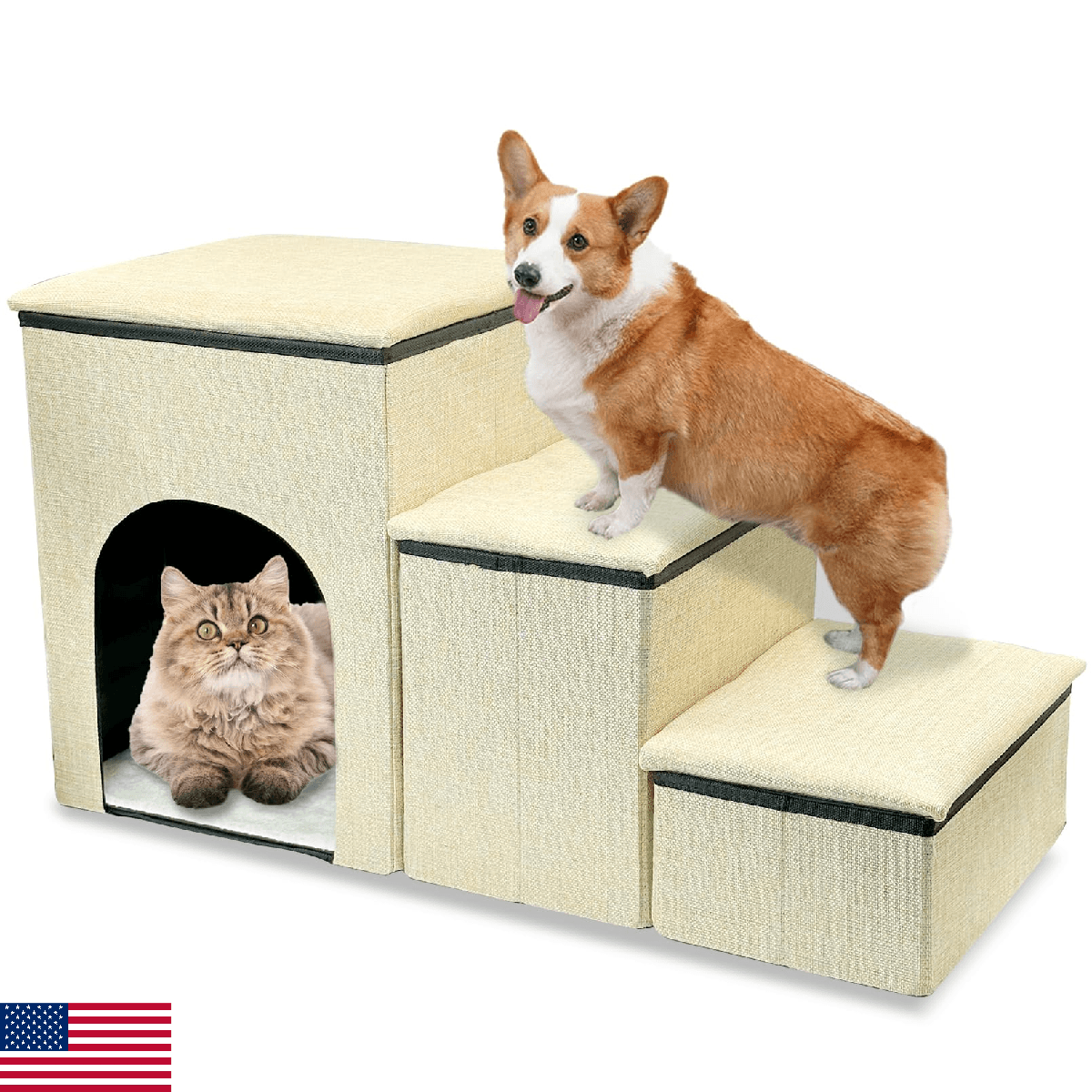 Fhiny 3-Step Foldable Dog Stairs w/Storage for Small Dogs - Non-Slip, 160lbs - Image 1