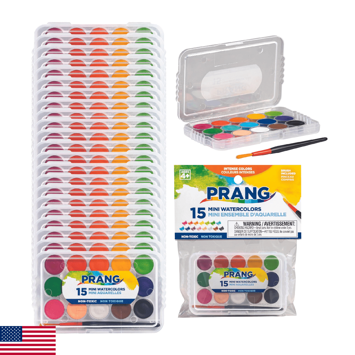Prang Mini Watercolor Paint Sets, (Bulk Pack of 24) Palette Tray and Brush, 15 A - Image 1