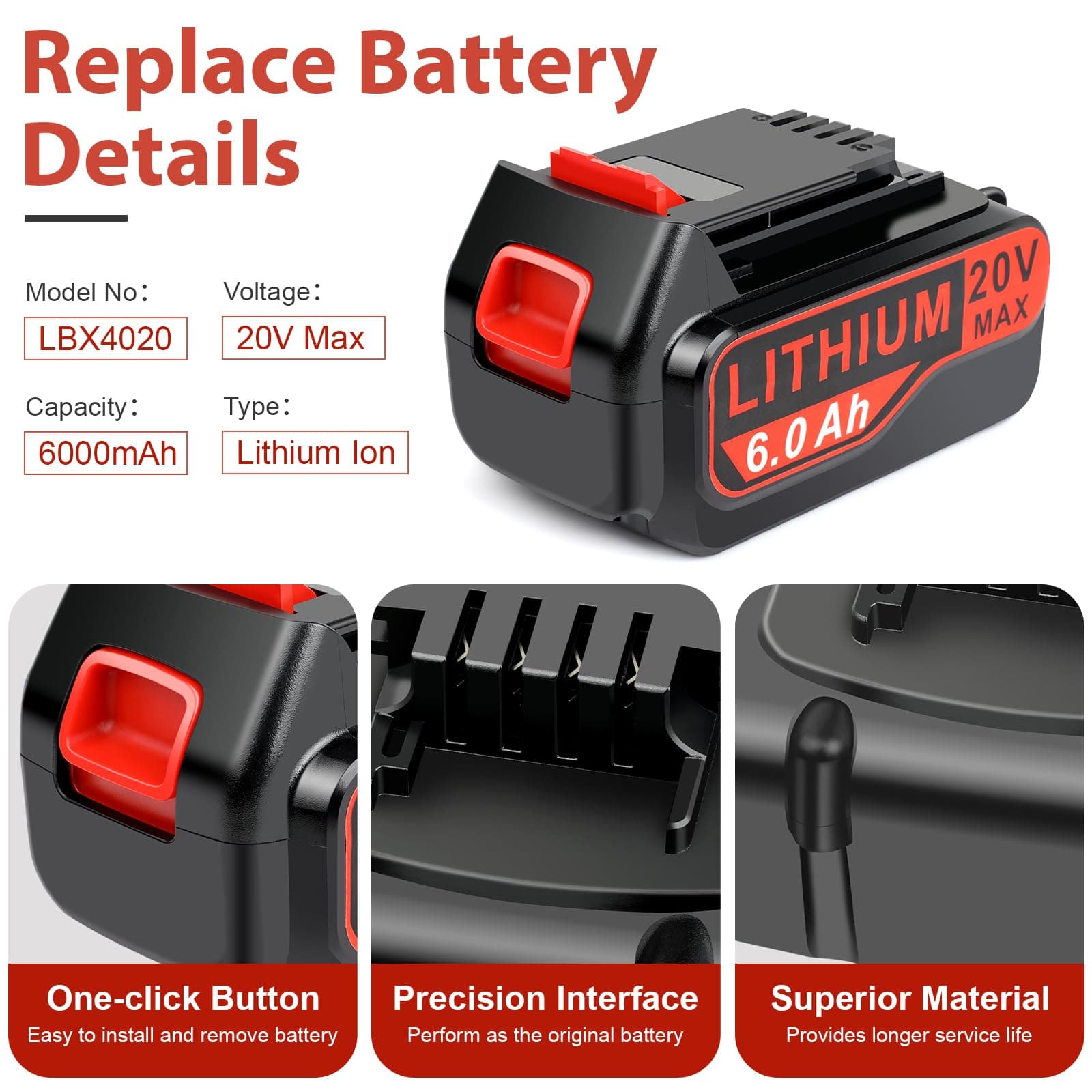 Djsanu 20 Volt Max 6.0Ah Replace Batteries for Black and Decker 20V Battery with - Thumbnail 2