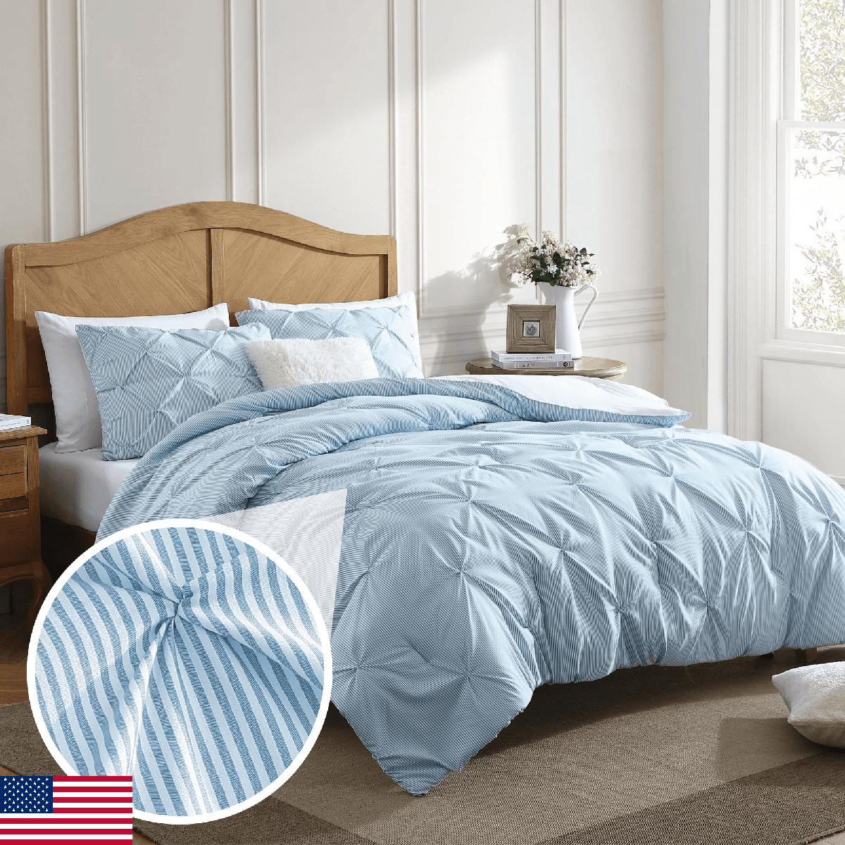 Swift Home Twin/Twin XL Pinstripe Chambray Blue Comforter Set - Pintuck - Image 1