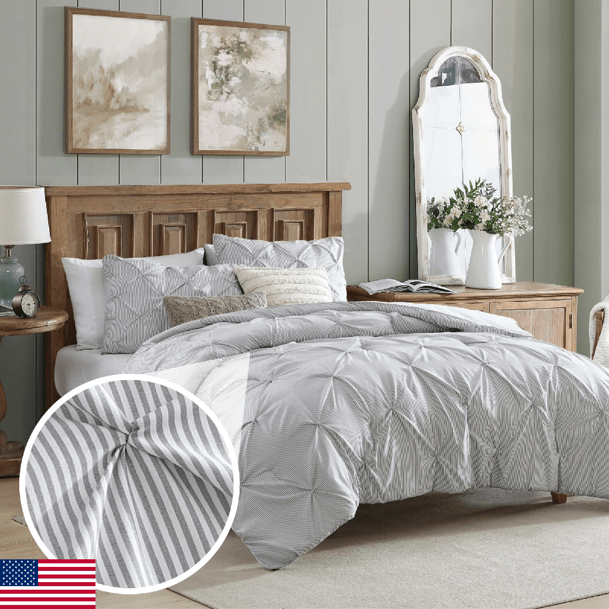 Swift Home F/Q Pinstripe Charcoal Grey Comforter Set Classic Pintuck - Image 1