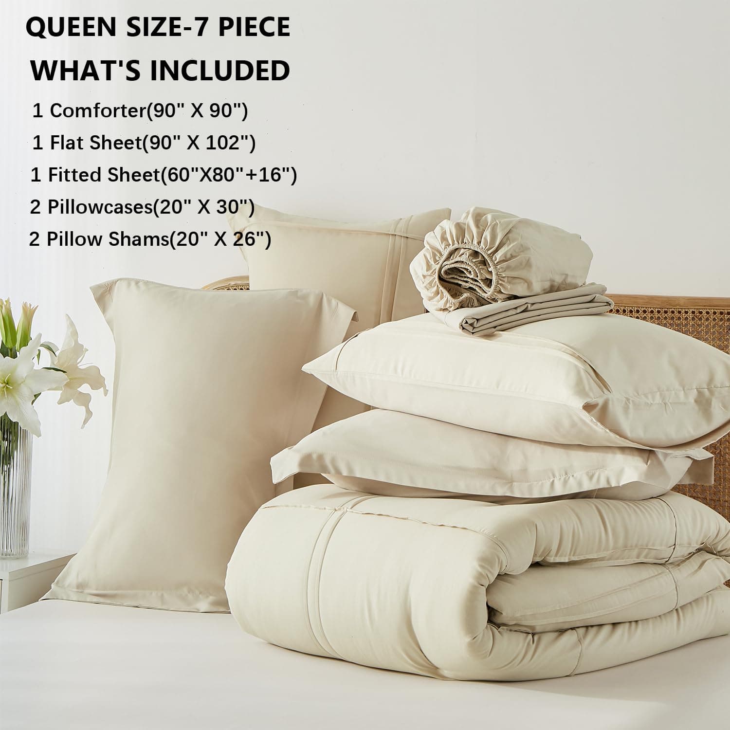 Yogeneg Queen Comforter Set 7 Piece Bed in a Bag,Grid Pinch Pleat Beige Bedding - Thumbnail 6