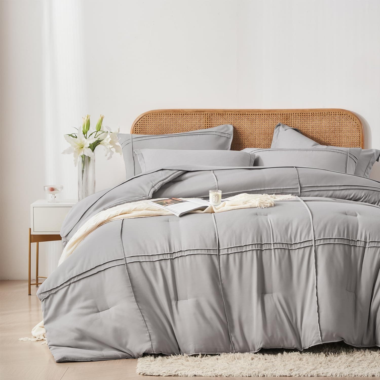 Yogeneg Full Size Comforter Set 7 Piece Bed in a Bag,Grid Pinch Pleat Grey Beddi - Thumbnail 2