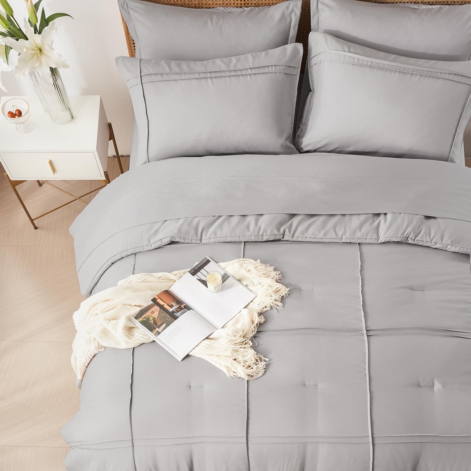 Yogeneg Full Size Comforter Set 7 Piece Bed in a Bag,Grid Pinch Pleat Grey Beddi - Thumbnail 3