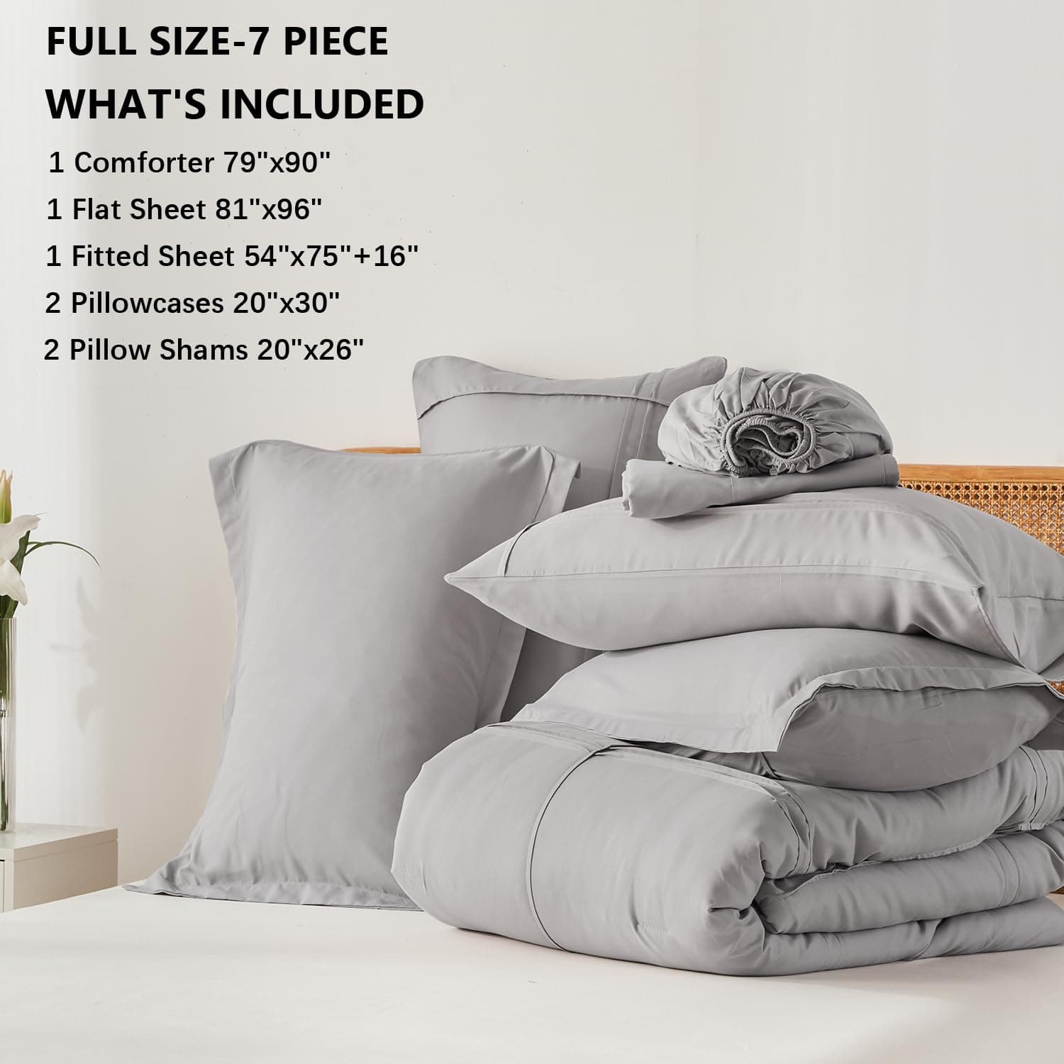 Yogeneg Full Size Comforter Set 7 Piece Bed in a Bag,Grid Pinch Pleat Grey Beddi - Thumbnail 6
