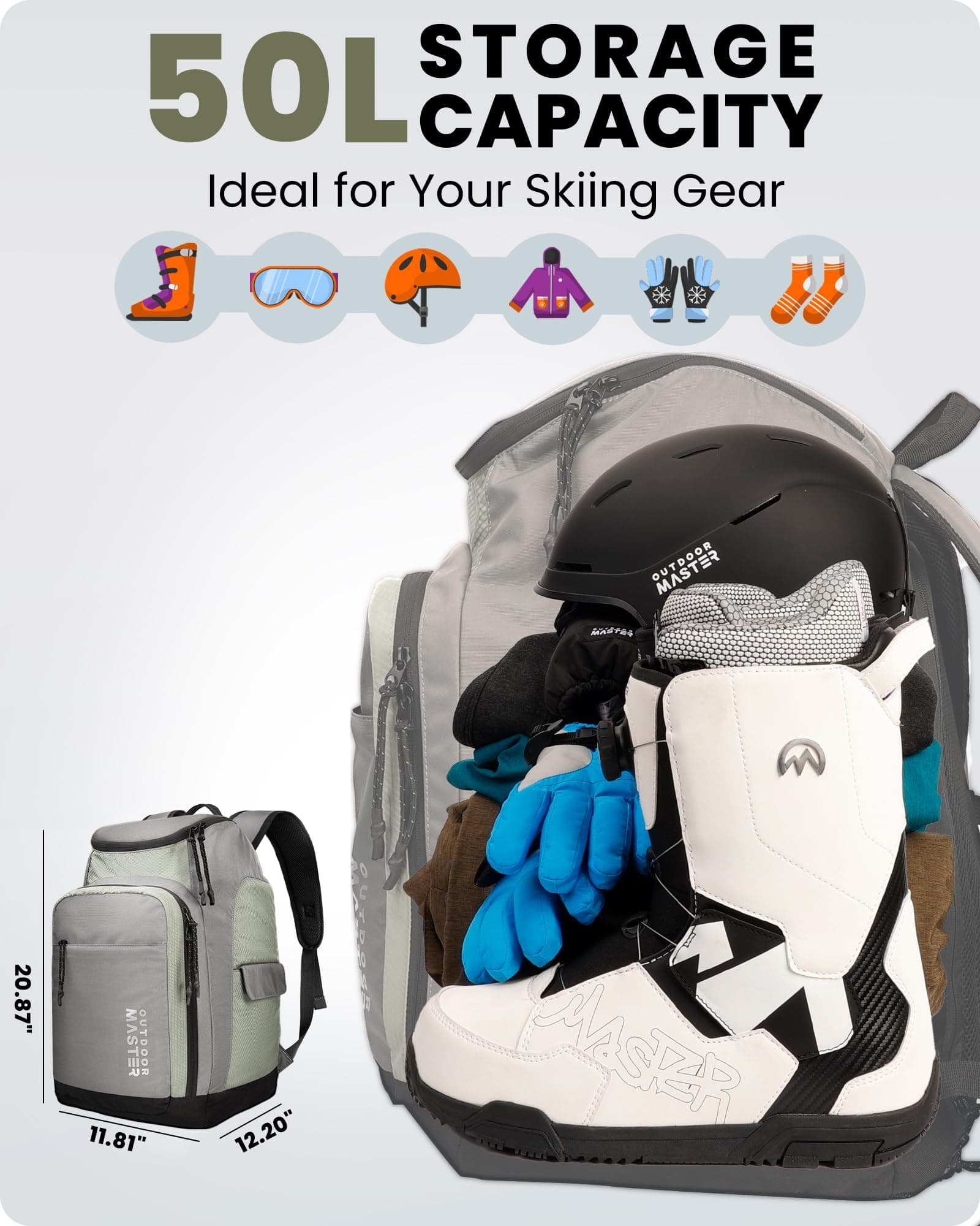 OutdoorMaster 50L Ski Boot Bag, Ski and Snowboard Boots Travel Backpack with sep - Thumbnail 2