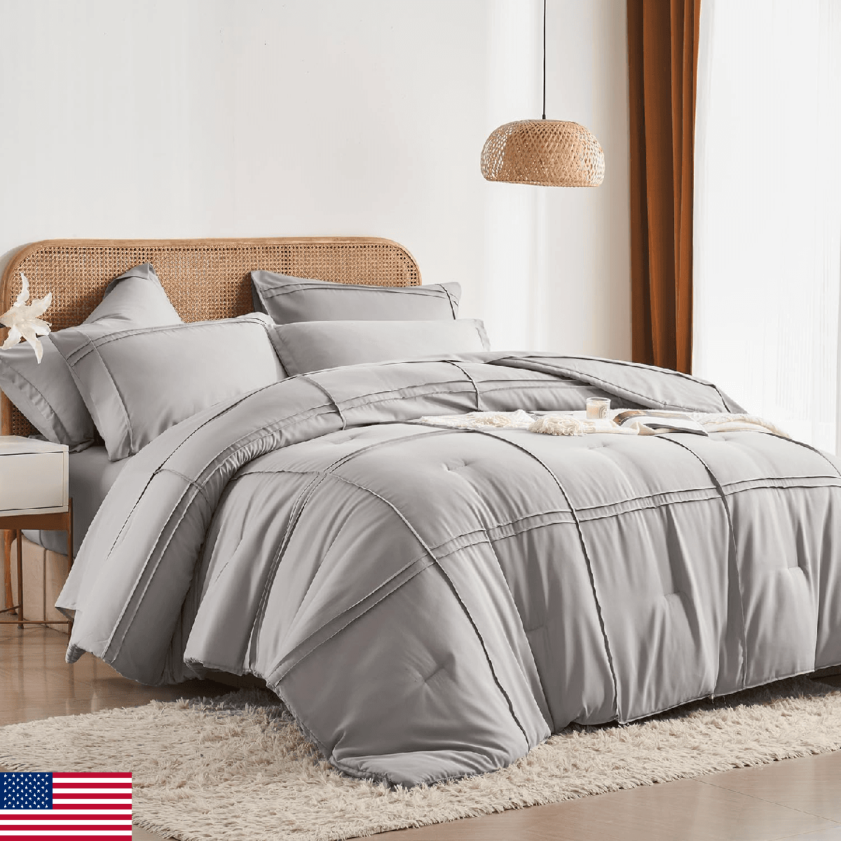 Yogeneg Full Size Comforter Set 7 Piece Bed in a Bag,Grid Pinch Pleat Grey Beddi - Image 1