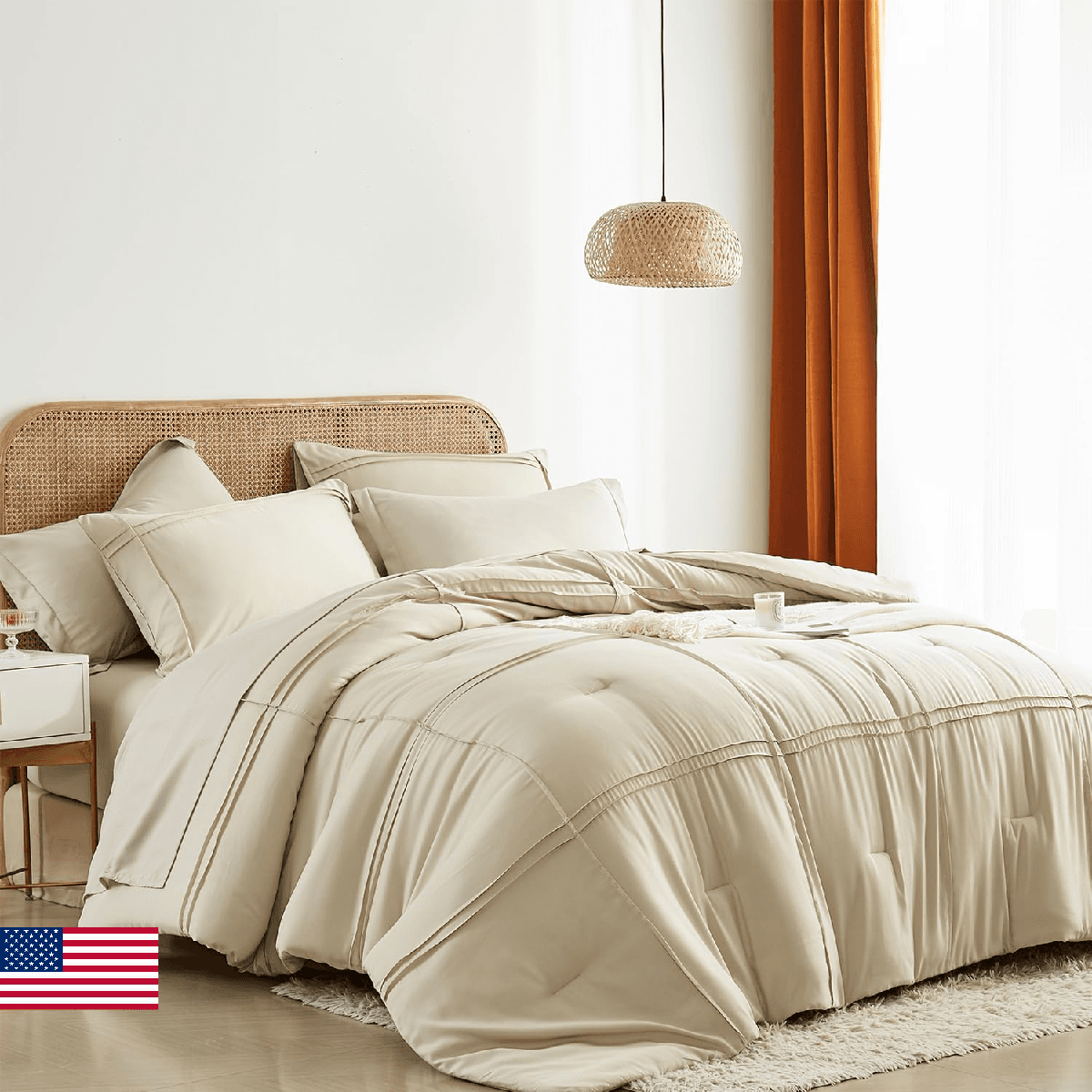 Yogeneg Queen Comforter Set 7 Piece Bed in a Bag,Grid Pinch Pleat Beige Bedding - Image 1