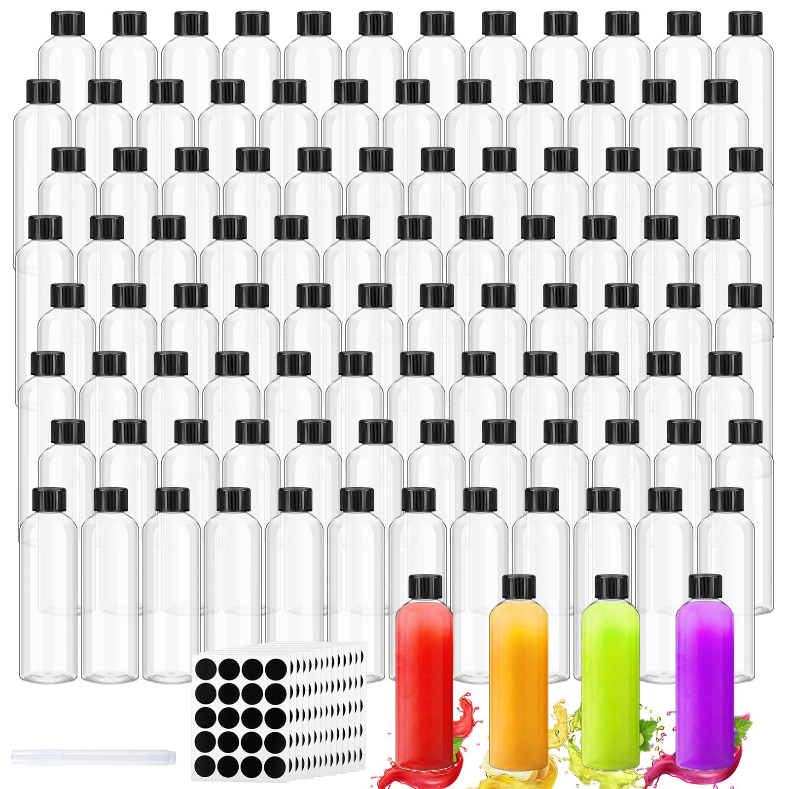 Dandat 100x 4oz Clear Plastic Juice Bottles with Caps & Labels - Reusable - Image 1