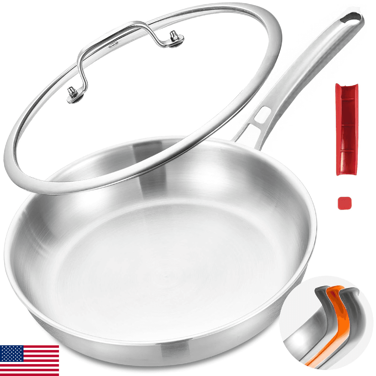 Inqibee 10 Inch Tri-Ply Stainless Steel Frying Pan with Lid, Skillet, Induction - Image 1