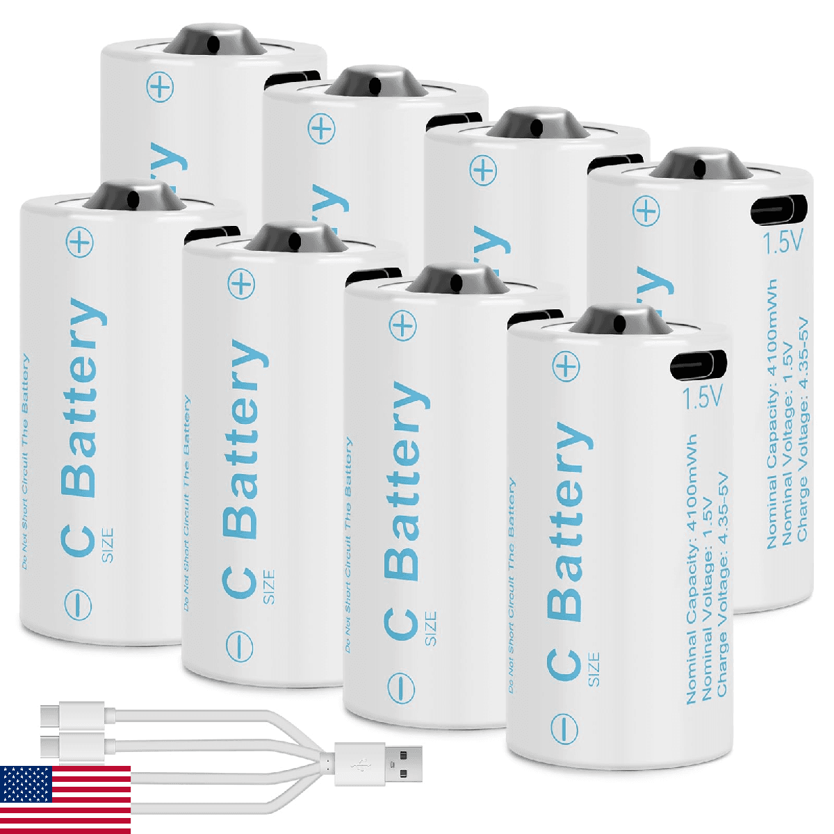 winbasic C Batteries C Size Rechargeable Lithium Batteries, 8 Pack LR14 4100mWh - Image 1
