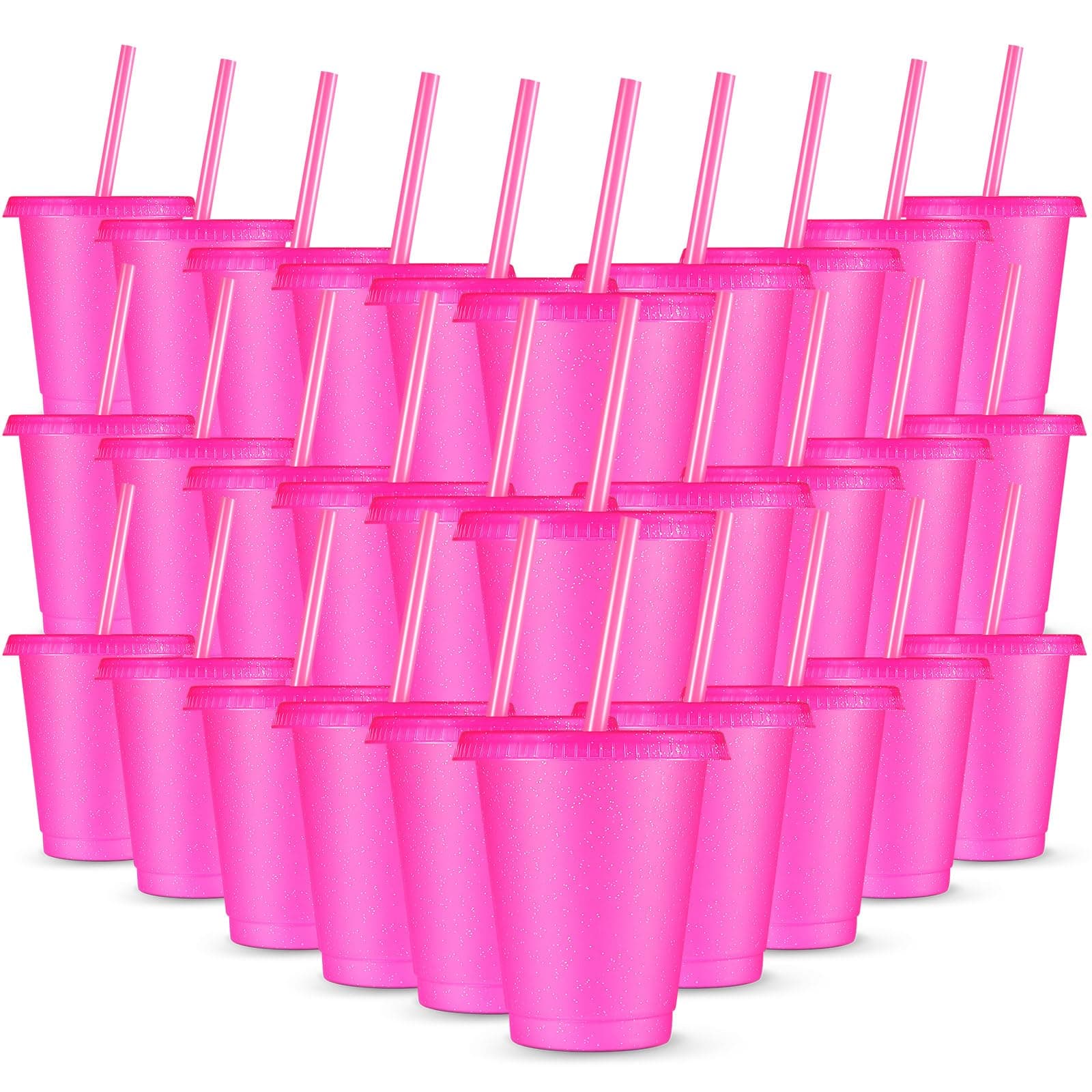 30x Reusable 16oz Glitter Tumbler Cups with Lids & Straws - Hot Pink - Image 1