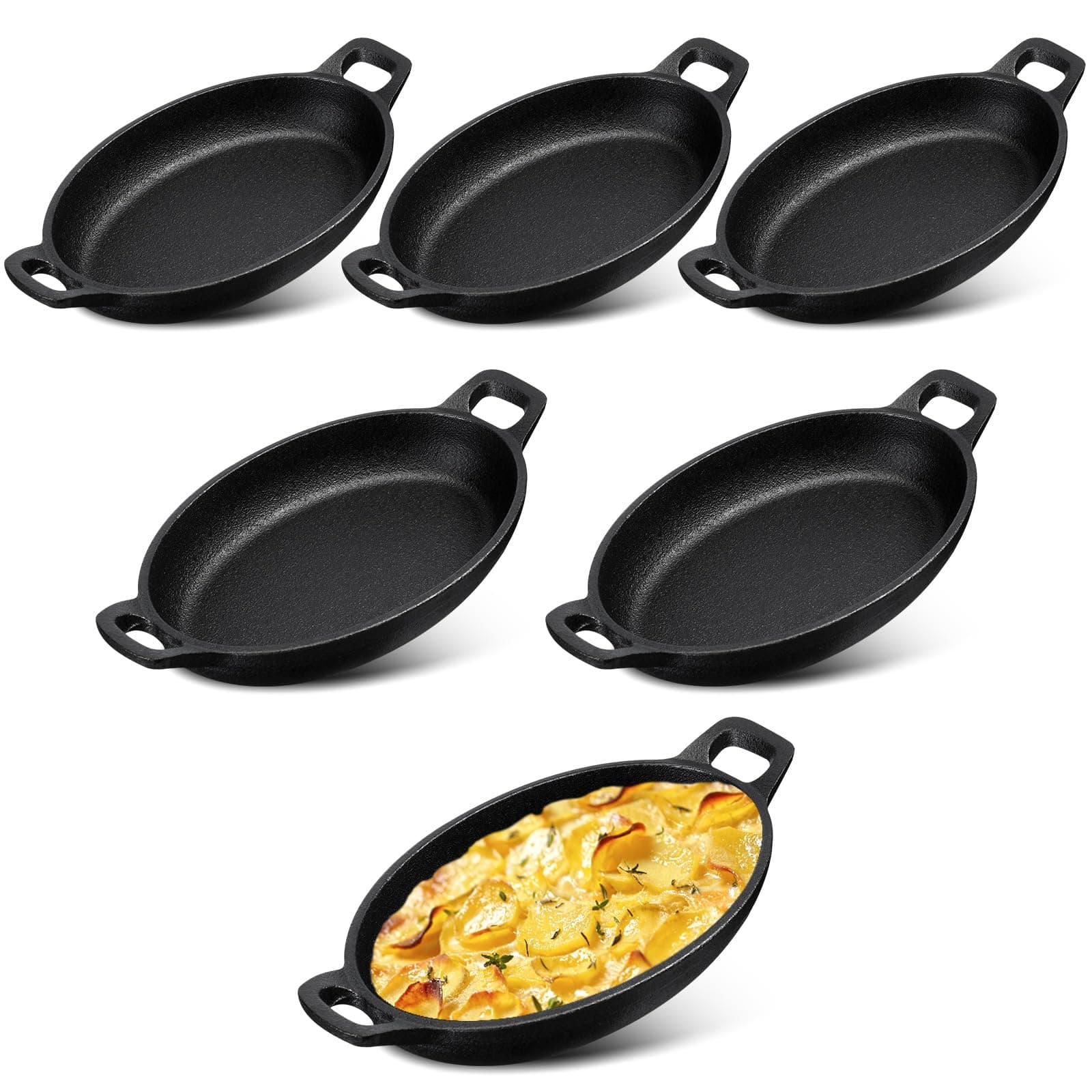 Mifoci 6-Pack Mini Oval Cast Iron Skillets Sizzler Pans Baking Dishes 4.7x7.1" - Image 1