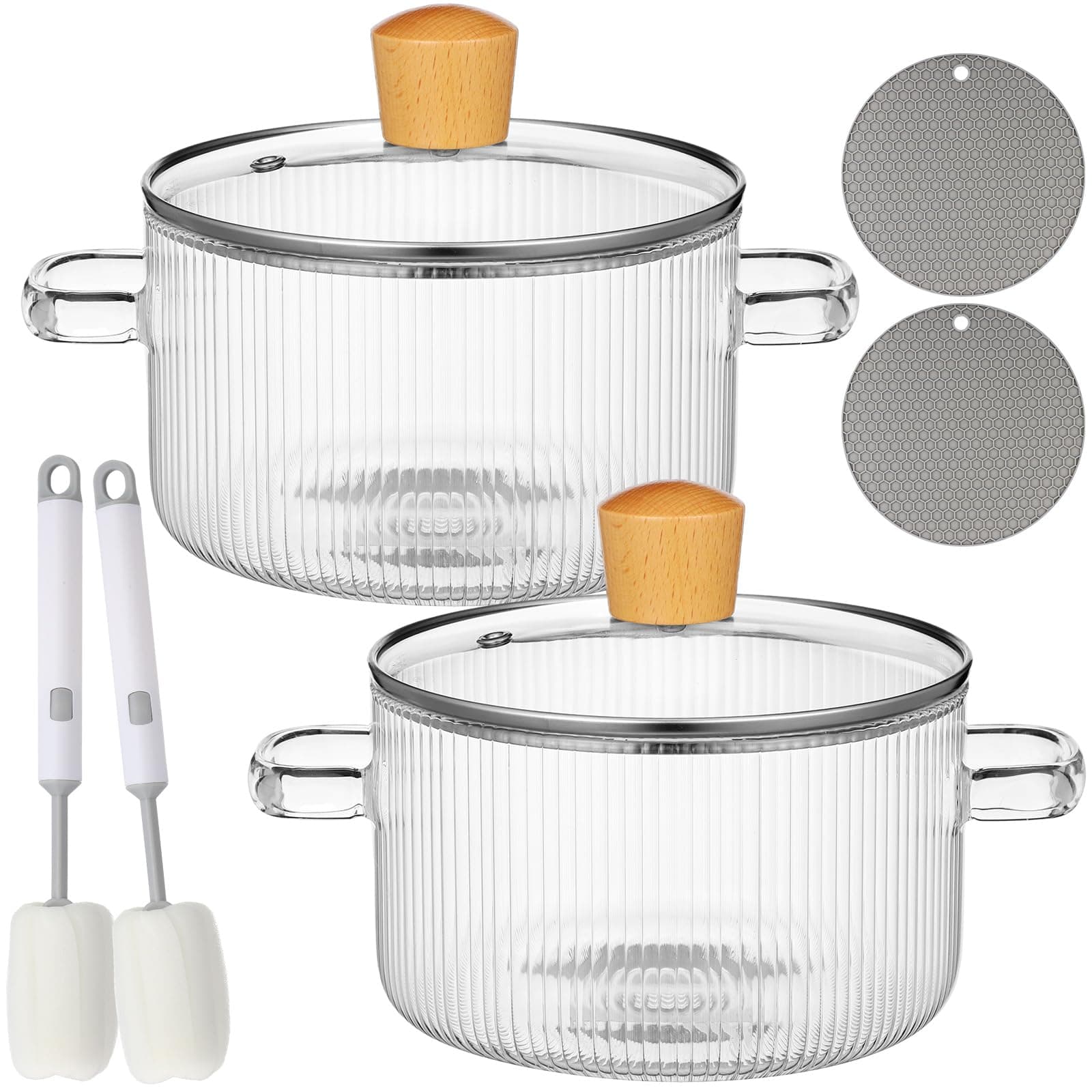 Tioncy 2 PK 1.3L 44oz Clear Borosilicate Glass Cooking Pots Saucepan Set W/Lids - Image 1