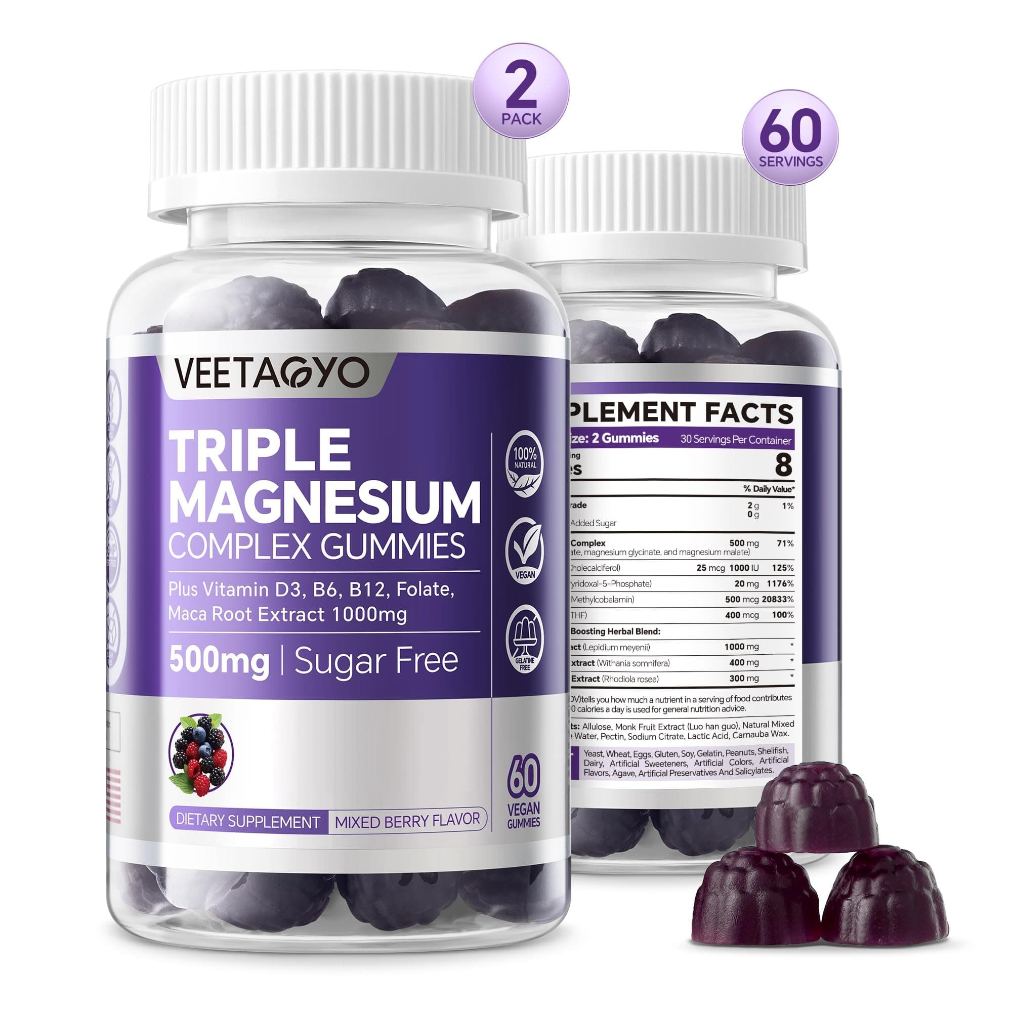 VEETAGYO Triple Calm Magnesium Gummies 500mg: Bone, Nerves, Muscle, Energy - Image 1