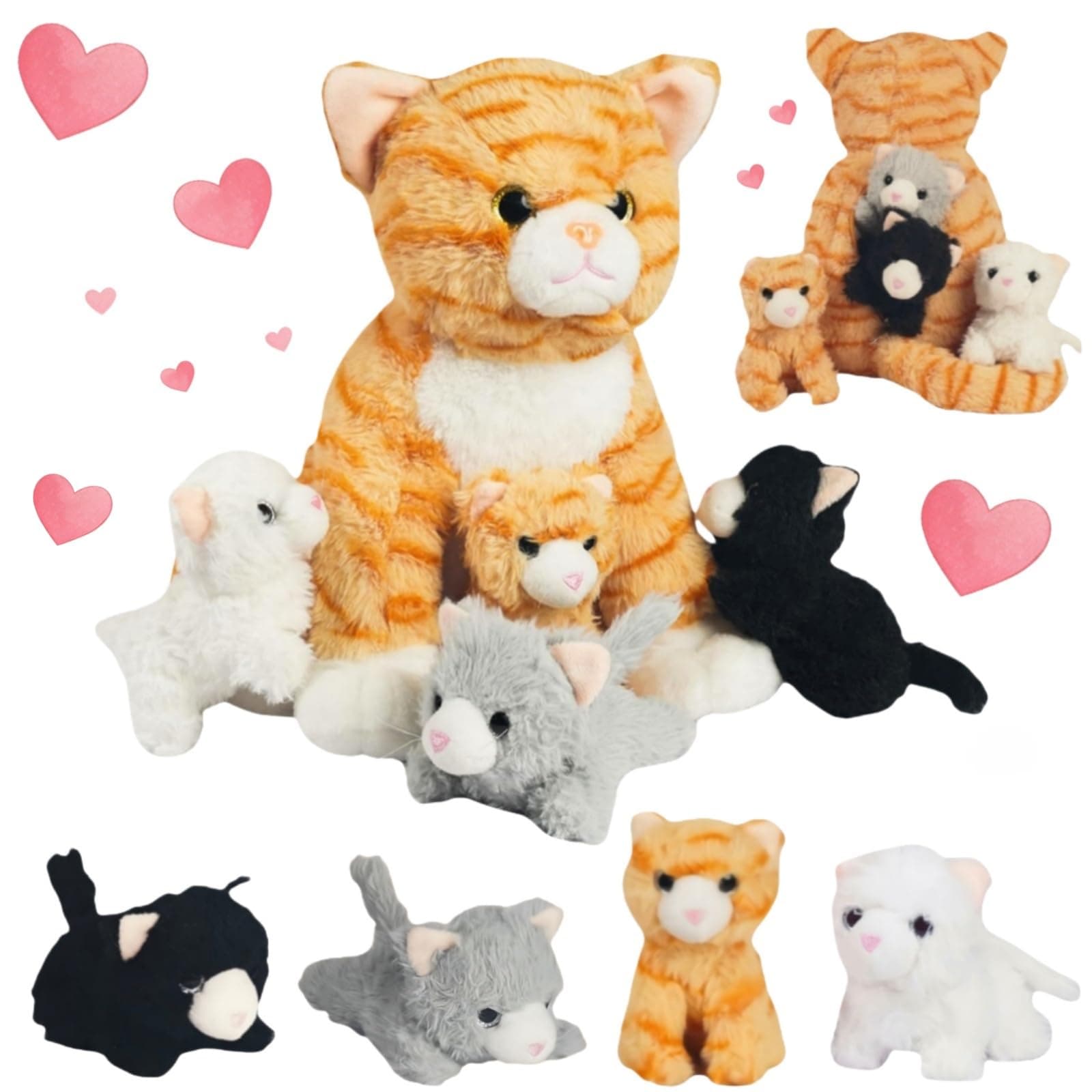 5-in-1 Cat Stuffed Animal w/ 4 Kittens in Zipper Belly - Soft Plush Toy Gift - Image 1