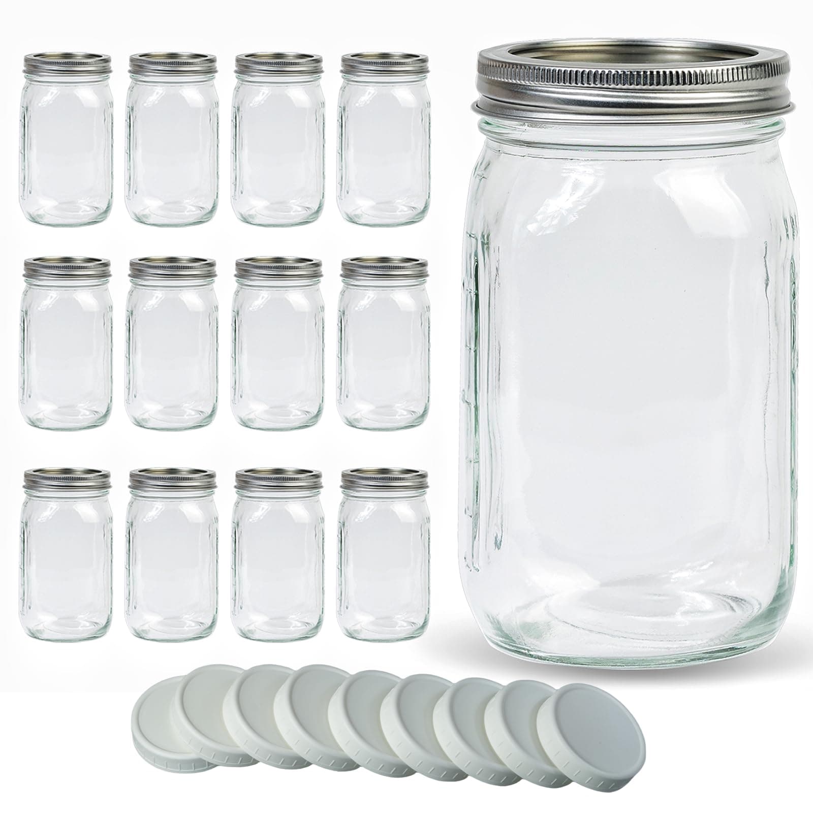 Jumterlee Mason Jars 32 oz 12 Pack, Wide Mouth Mason Jars with Airtight Lids and - Image 1