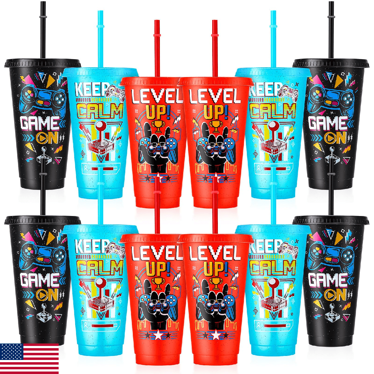 XLSXEXCL 12 Pcs Gamer Party Cups with Lids and Straws Video Game Tumbler 24 oz P - Image 1