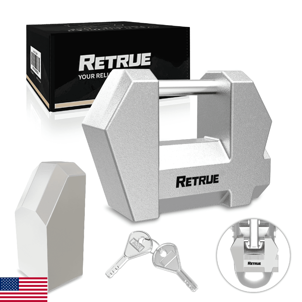 RETRUE Cyber Lock™ Trailer Tongue Coupler Lock Heavy Duty Wide Span 1.2'' Silver - Image 1