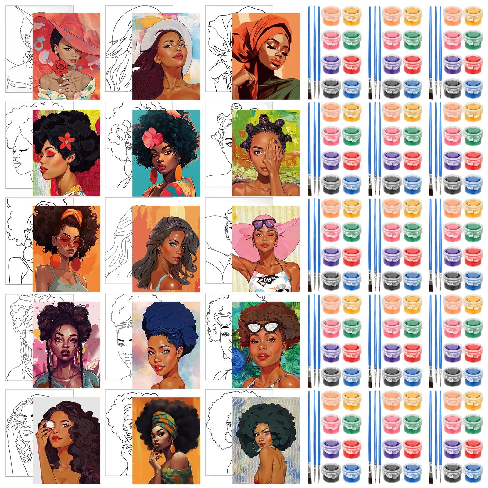 Sherr 75 Pcs Pre Drawn Canvas Kit for Painting Craft Sip and Paint Afro Queen - Image 1