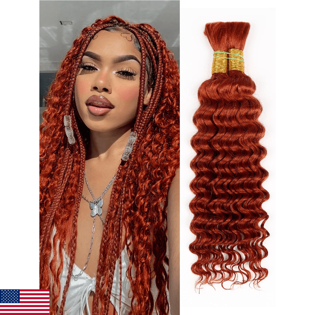Human Braiding Hair Deep Wave Bulk Human Hair, Ginger Orange Color No Weft Curly - Image 1